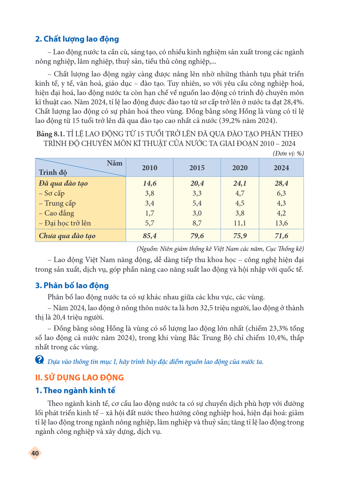 2. Chất lượng lao động – Lao động nước ta cần cù, sáng tạo, có nhiều kinh nghiệm sản xuất trong các ngành nông nghiệp, lâm nghiệp, thuỷ sản, tiểu thủ công nghiệ