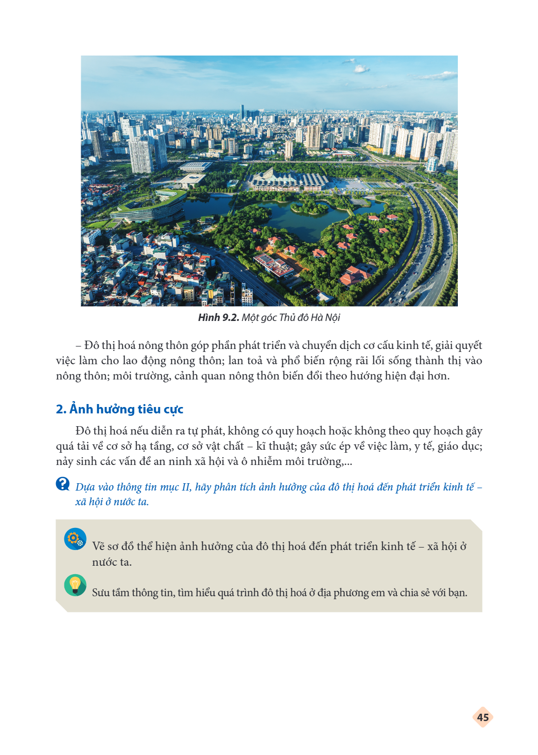 Hình 9.2. Một góc Thủ đô Hà Nội Đô thị hoá nông thôn góp phần phát triển và chuyển dịch cơ cấu kinh tế, giải quyết việc làm cho lao động nông thôn; lan toả và p