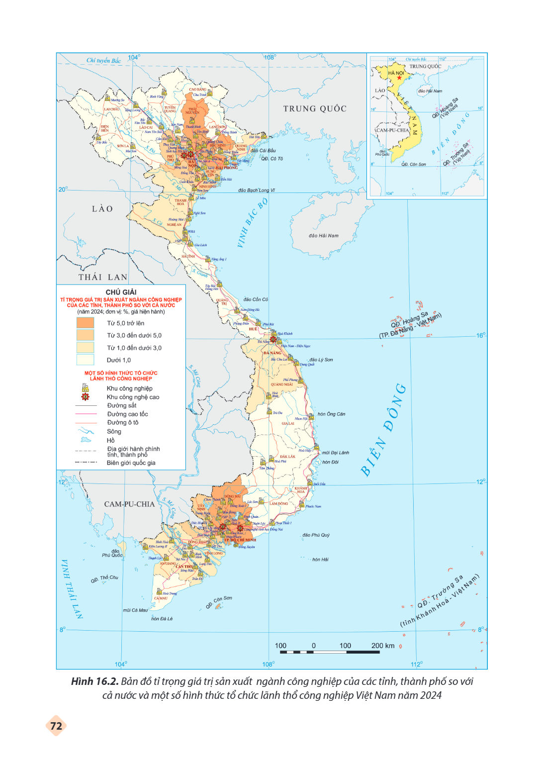 Hình 16.2. Bản đồ tỉ trọng giá trị sản xuất ngành công nghiệp của các tỉnh, thành phố so với cả nước và một số hình thức tổ chức lãnh thổ công nghiệp Việt Nam n