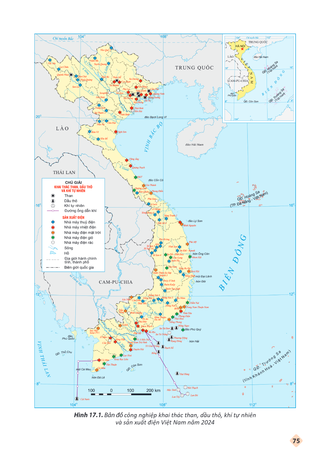 Hình 17.1. Bản đồ công nghiệp khai thác than, dầu thô, khí tự nhiên và sản xuất điện Việt Nam năm 2024