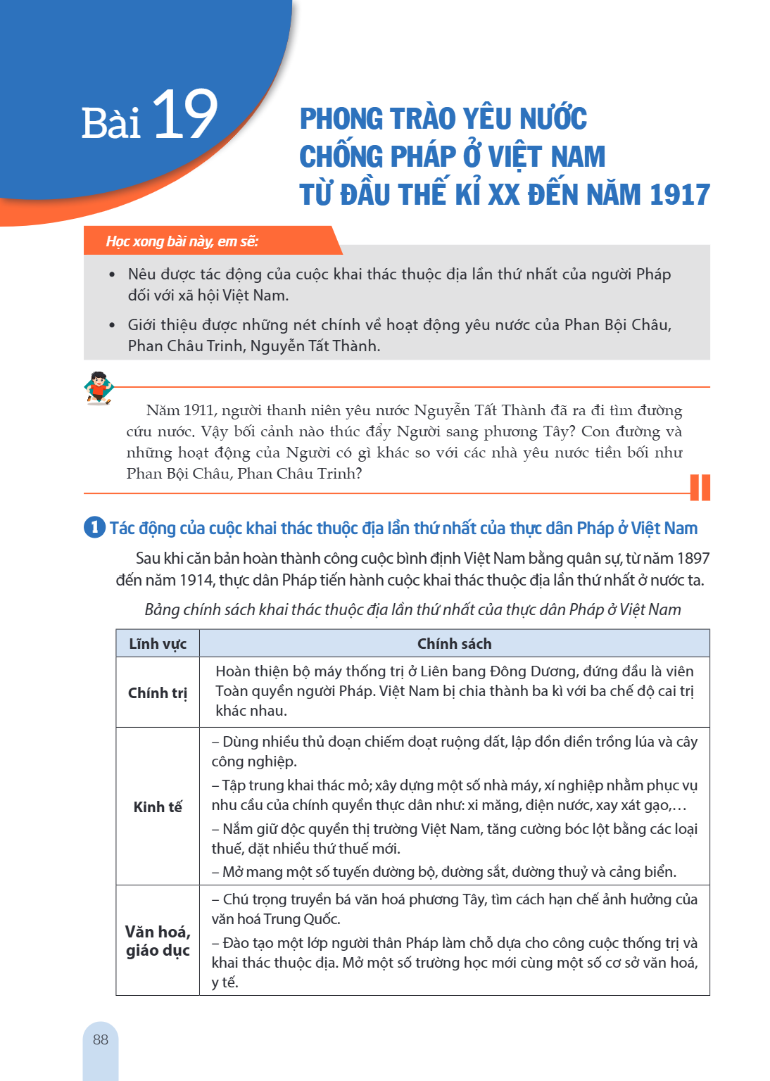 Bài 19. Phong trào yêu nước chống Pháp ở Việt Nam từ đầu thế kỉ XX đến năm 1917 Học xong bài này, em sẽ: Nêu được tác động của cuộc khai thác thuộc địa lần thứ 
