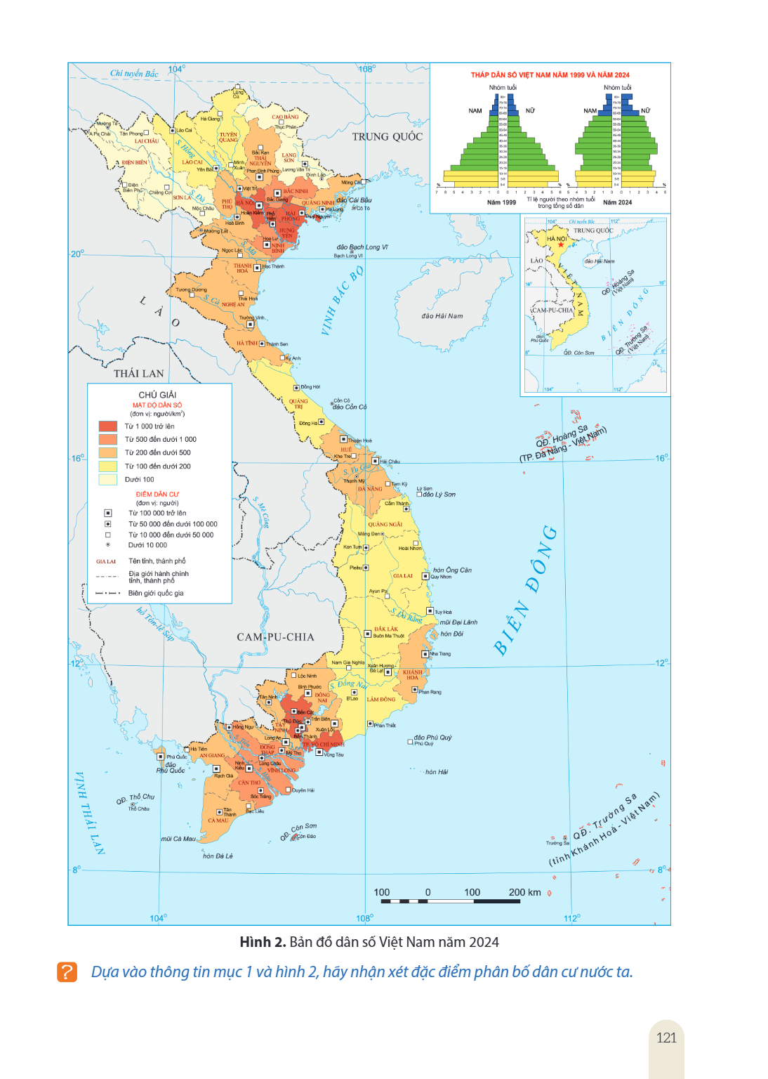 Hình 2. Bản đồ dân số Việt Nam năm 2024 Dựa vào thông tin mục 1 và hình 2, hãy nhận xét đặc điểm phân bố dân cư nước ta.