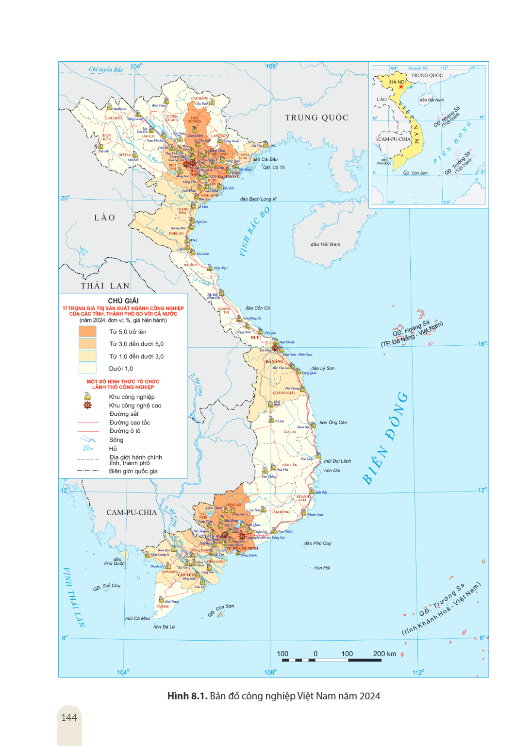 CHÚ GIẢI TỈ TRỌNG GIÁ TRỊ SẢN XUẤT NGÀNH CÔNG NGHIỆP CỦA CÁC TỈNH, THÀNH PHỐ SO VỚI CẢ NƯỚC (năm 2024; đơn vị: %, giá hiện hành) Từ 5,0 trở lên Từ 3,0 đến dưới 