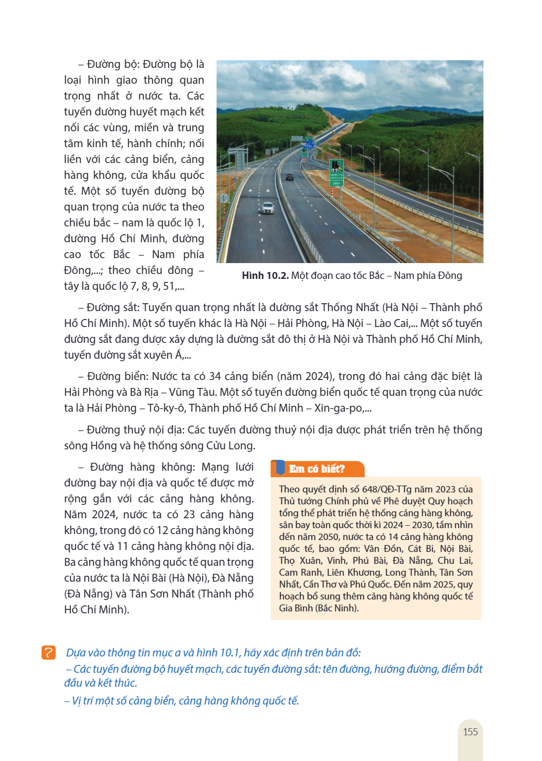 Đường bộ: Đường bộ là loại hình giao thông quan trọng nhất ở nước ta. Các tuyến đường huyết mạch kết nối các vùng, miền và trung tâm kinh tế, hành chính; nối li