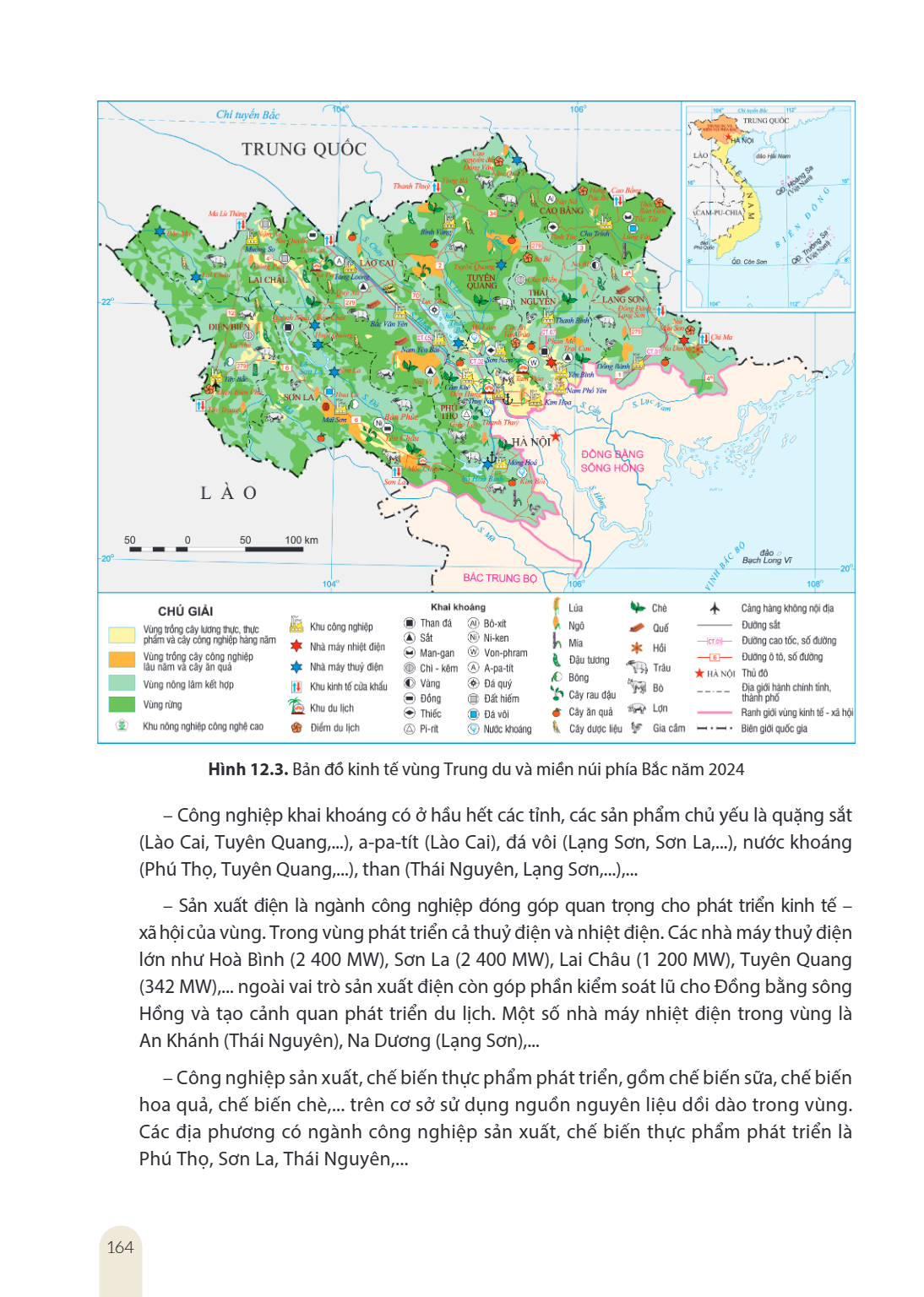 Hình 12.3. Bản đồ kinh tế vùng Trung du và miền núi phía Bắc năm 2024 Công nghiệp khai khoáng có ở hầu hết các tỉnh, các sản phẩm chủ yếu là quặng sắt (Lào Cai,