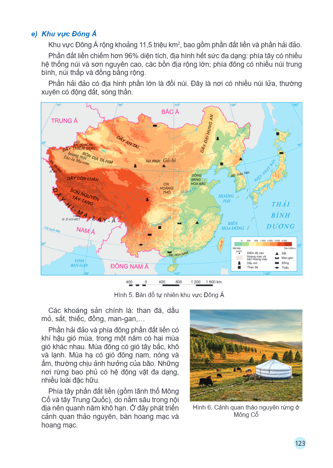 e) Khu vực Đông Á Khu vực Đông Á rộng khoảng 11,5 triệu km2, bao gồm phần đất liền và phần hải đảo. Phần đất liền chiếm hơn 96% diện tích, địa hình hết sức đa d