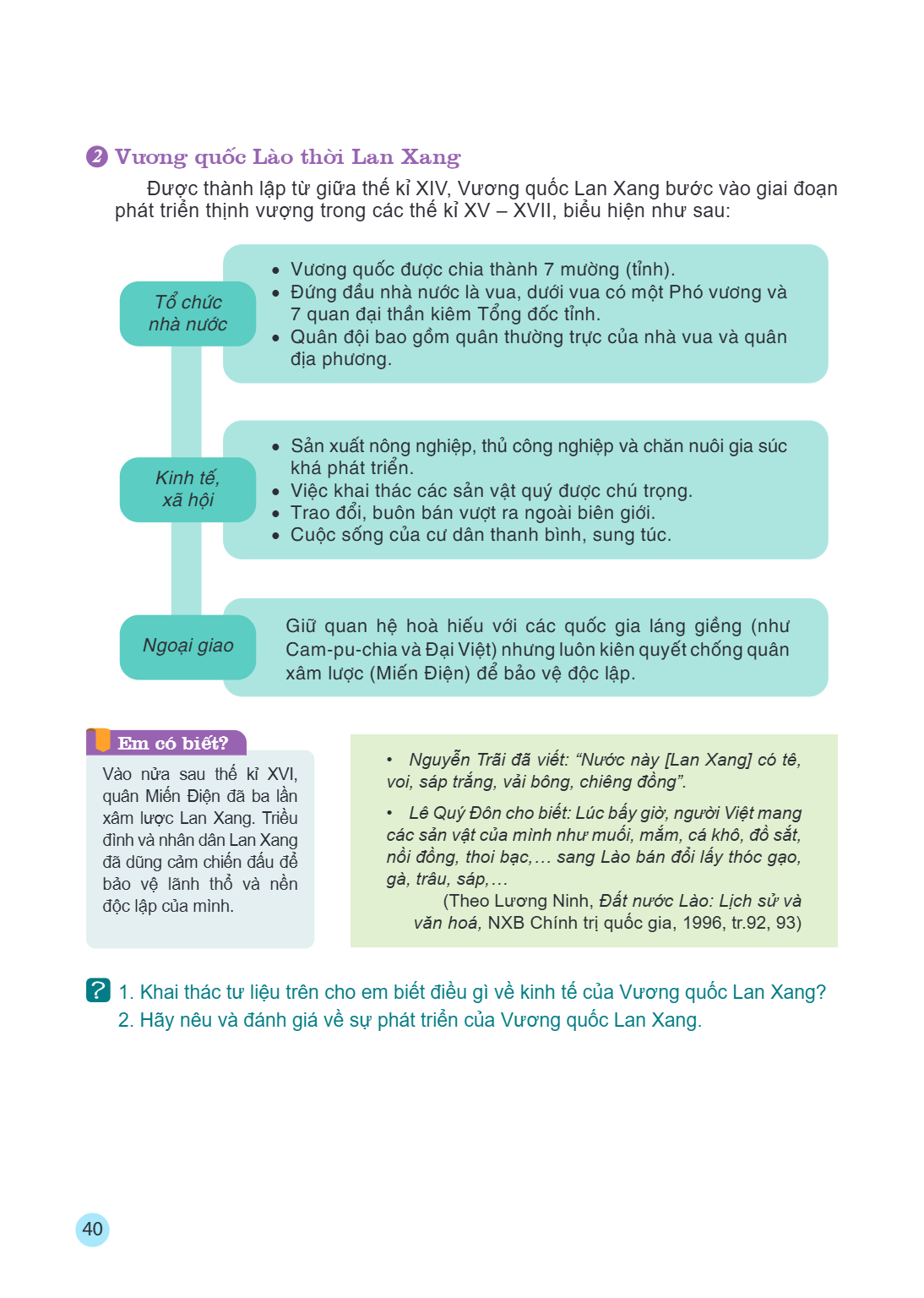 2. Vương quốc Lào thời Lan Xang Được thành lập từ giữa thế kỉ XIV, Vương quốc Lan Xang bước vào giai đoạn phát triển thịnh vượng trong các thế kỉ XV – XVII, biể