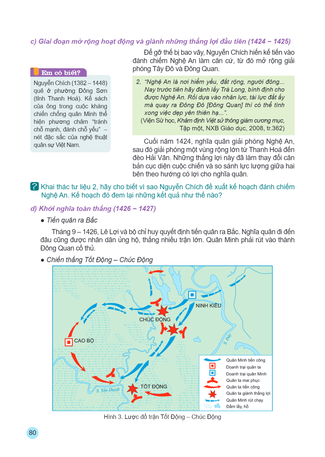 c) Giai đoạn mở rộng hoạt động và giành những thắng lợi đầu tiên (1424 – 1425) Để gỡ thế bị bao vây, Nguyễn Chích hiến kế tiến vào đánh chiếm Nghệ An làm căn cứ