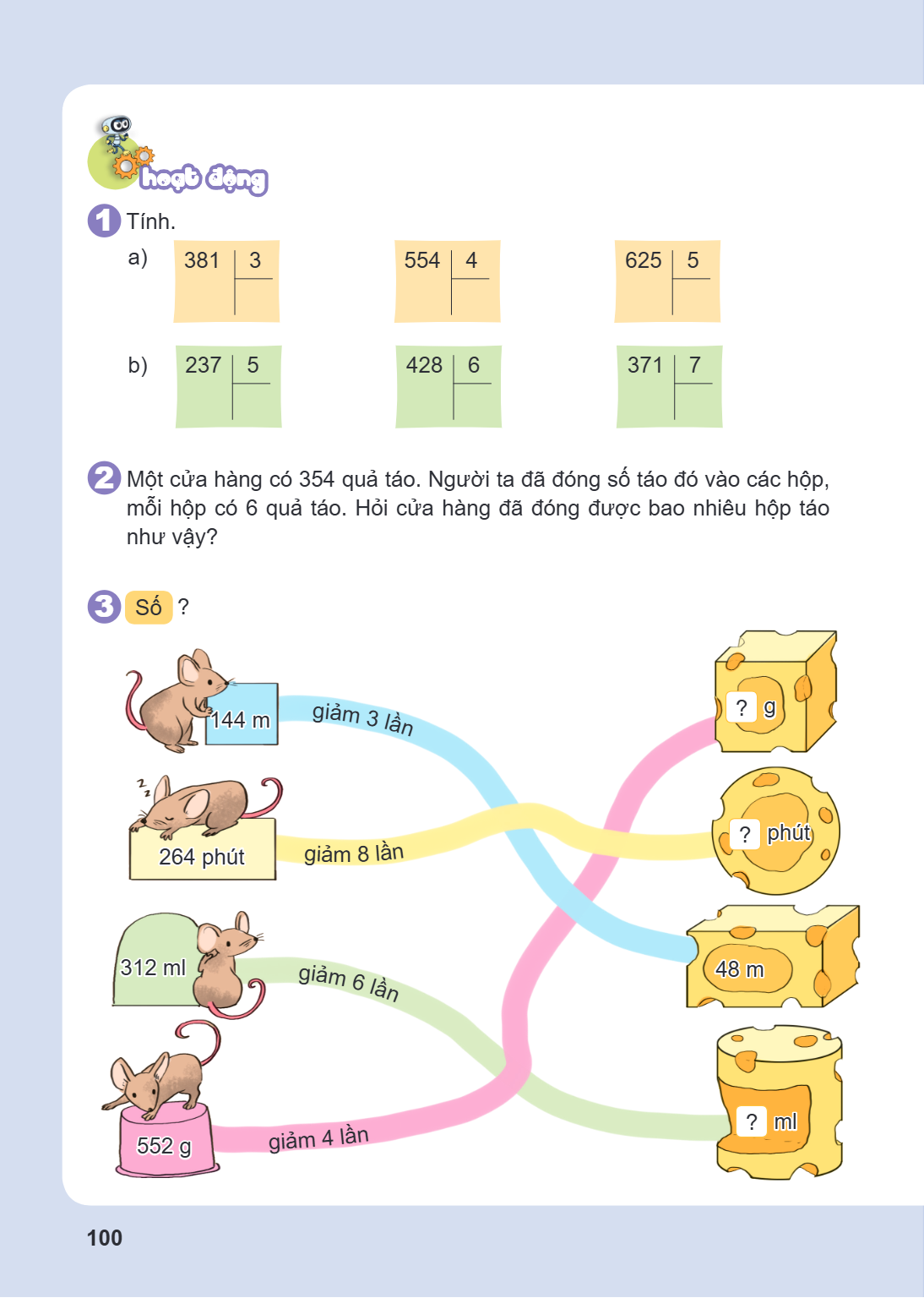 Hoạt động Tính. a) 381 | 3; 554 | 4; 625 | 5 b) 237 | 5; 428 | 6; 371 | 7 Một cửa hàng có 354 quả táo. Người ta đã đóng số táo đó vào các hộp, mỗi hộp có 6 quả 