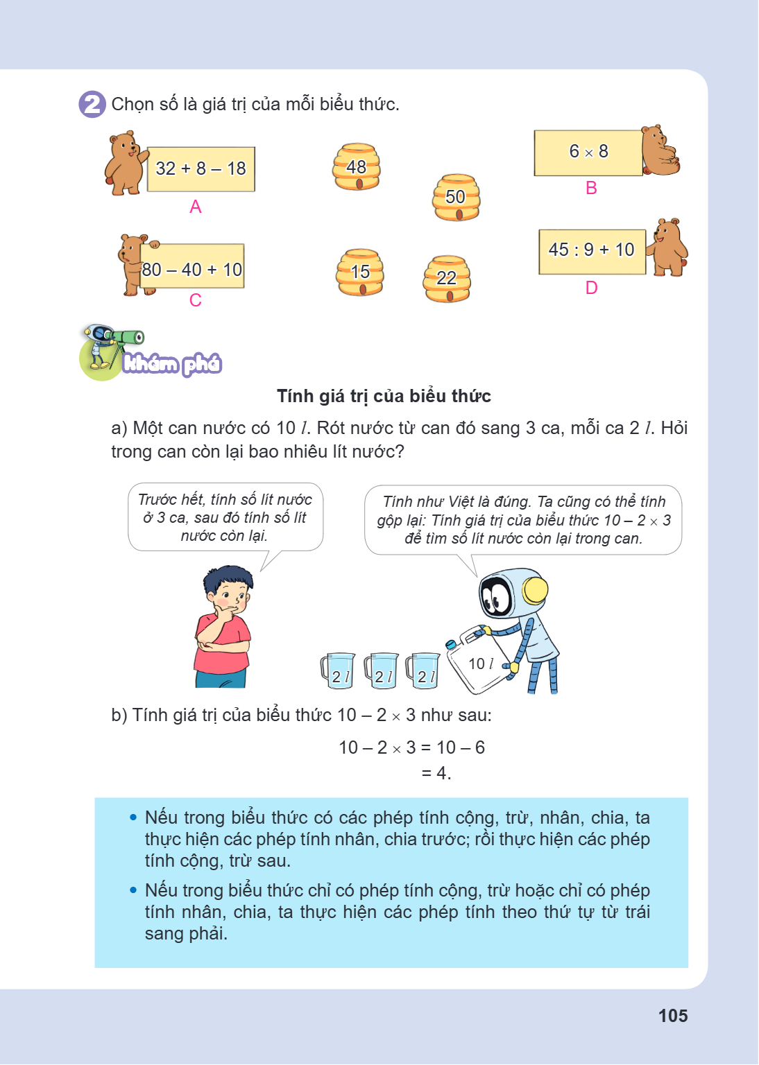 2. Chọn số là giá trị của mỗi biểu thức. A $32 + 8 - 18$ 48 50 B $6 \times 8$ C $80 - 40 + 10$ 15 22 D $45 : 9 + 10$ KHÁM PHÁ Tính giá trị của biểu thức a) Một 