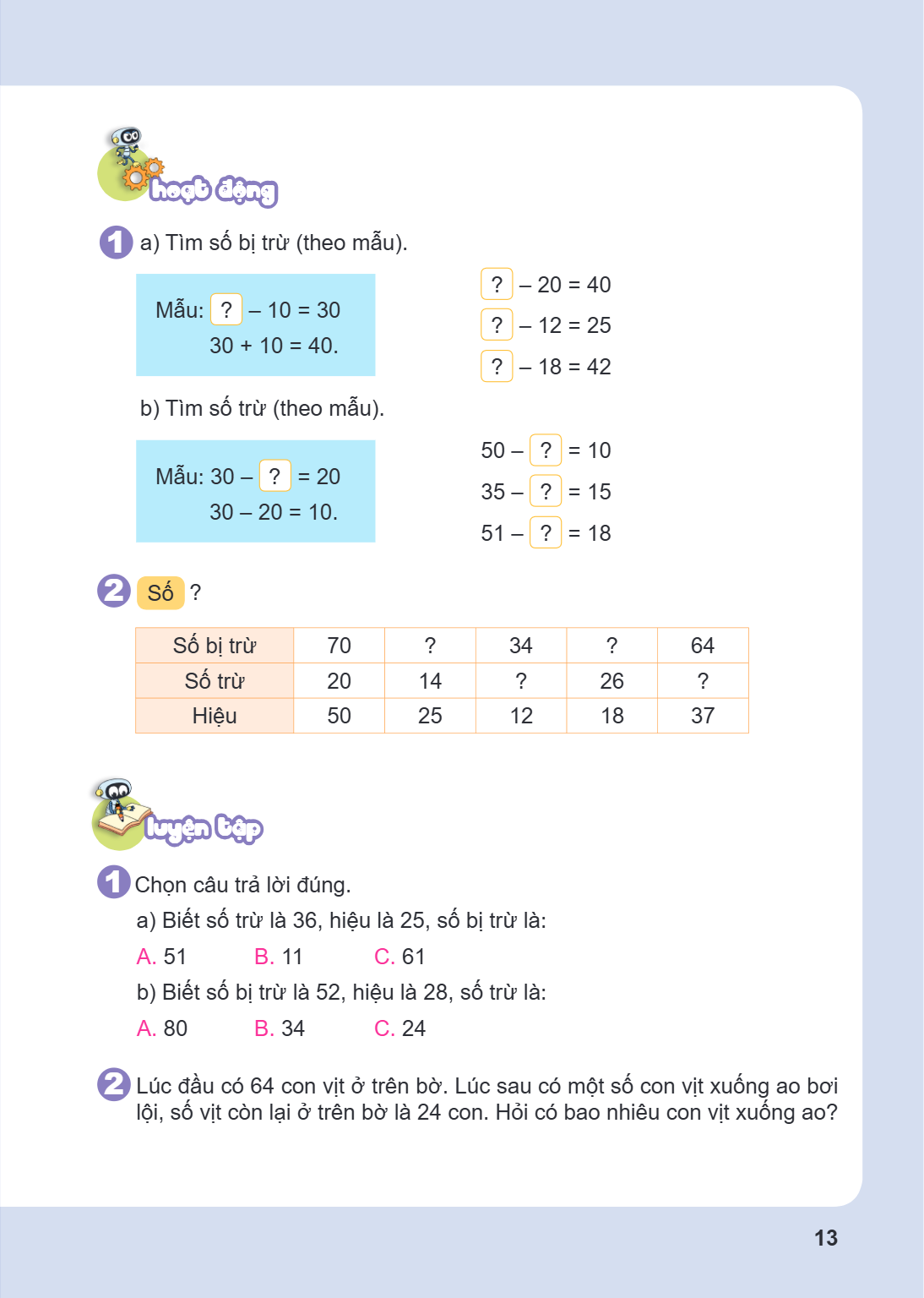 Hoạt động a) Tìm số bị trừ (theo mẫu). Mẫu: $\boxed{?} - 10 = 30$, $\boxed{?} - 20 = 40$ $30 + 10 = 40.$, $\boxed{?} - 12 = 25$ $\boxed{?} - 18 = 42$ b) Tìm số 