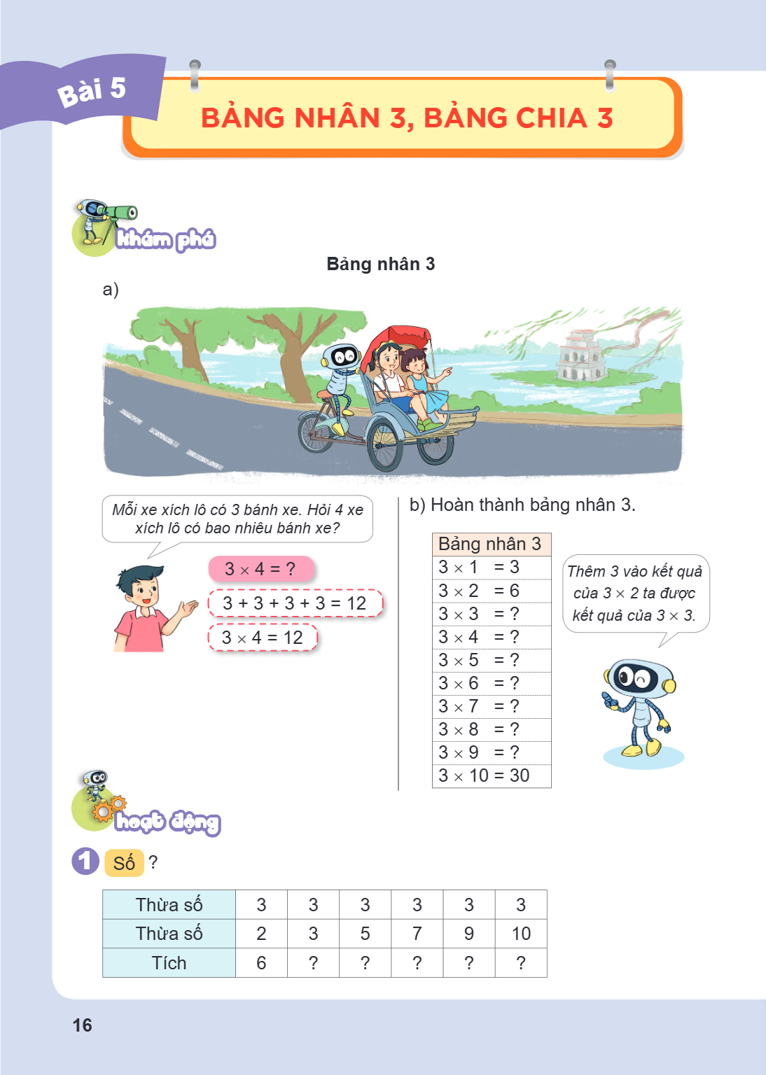 Bài 5. Bảng nhân 3, bảng chia 3 Khám phá Bảng nhân 3 a) Mỗi xe xích lô có 3 bánh xe. Hỏi 4 xe xích lô có bao nhiêu bánh xe? $3 \times 4 = ?$ $3 + 3 + 3 + 3 = 12