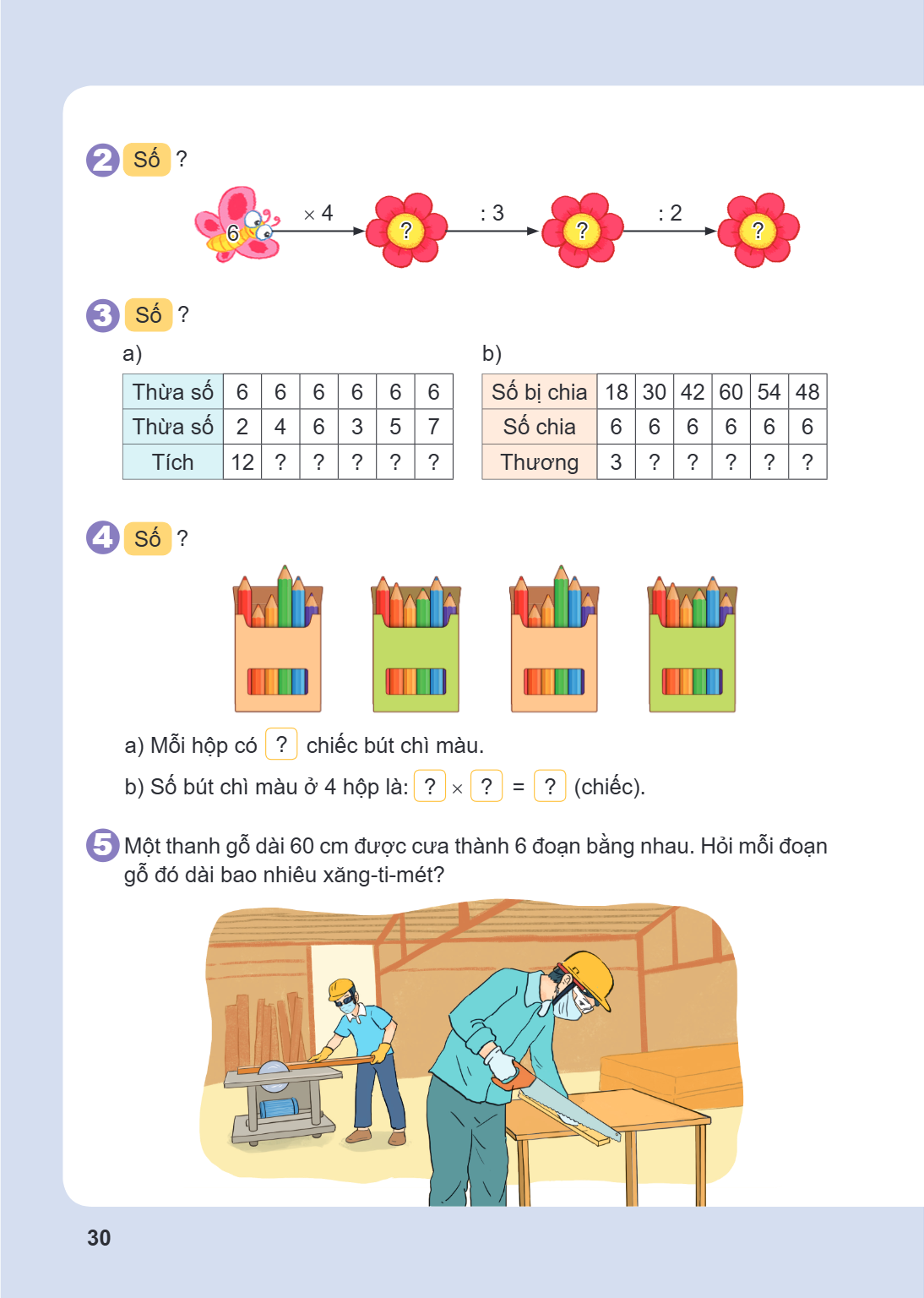 2 Số ? × 4 → : 3 → : 2 → 3 Số ? a) Thừa số, 6, 6, 6, 6, 6, 6 Thừa số, 2, 4, 6, 3, 5, 7 Tích, 12, ?, ?, ?, ?, ? b) Số bị chia, 18, 30, 42, 60, 54, 48 Số chia, 6,
