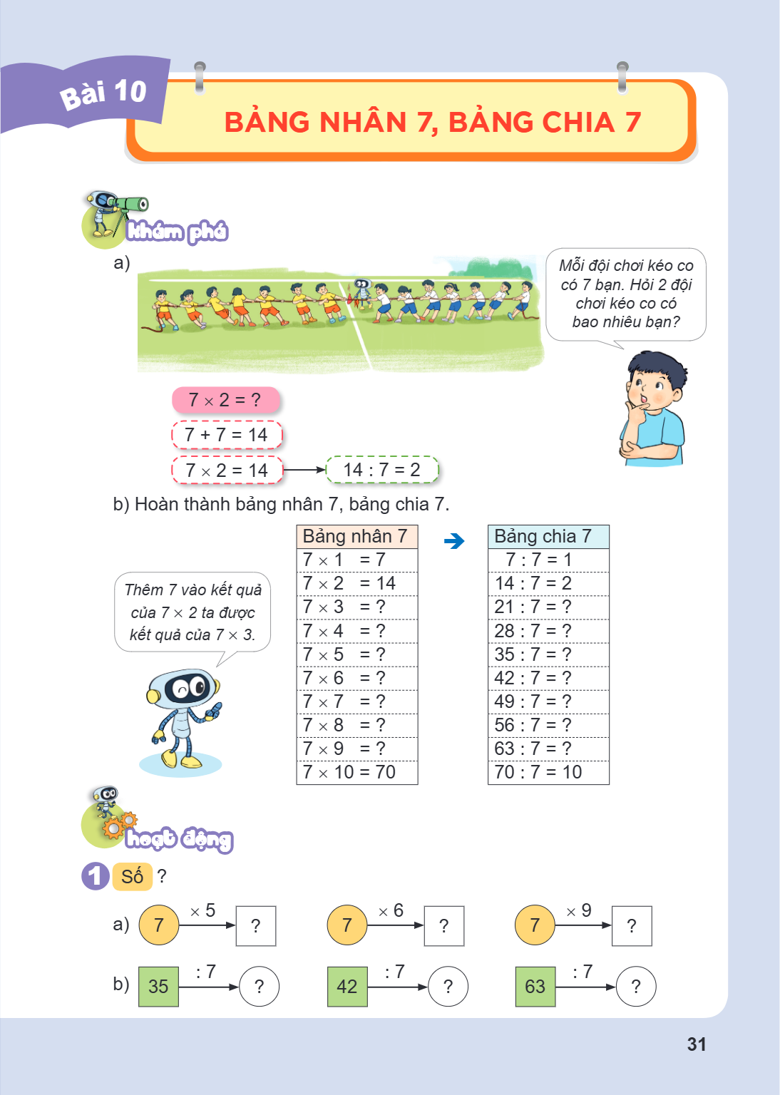 Bài 10. Bảng nhân 7, bảng chia 7 Khám phá a) Mỗi đội chơi kéo co có 7 bạn. Hỏi 2 đội chơi kéo co có bao nhiêu bạn? $7 \times 2 = ?$ $7 + 7 = 14$ $7 \times 2 = 1