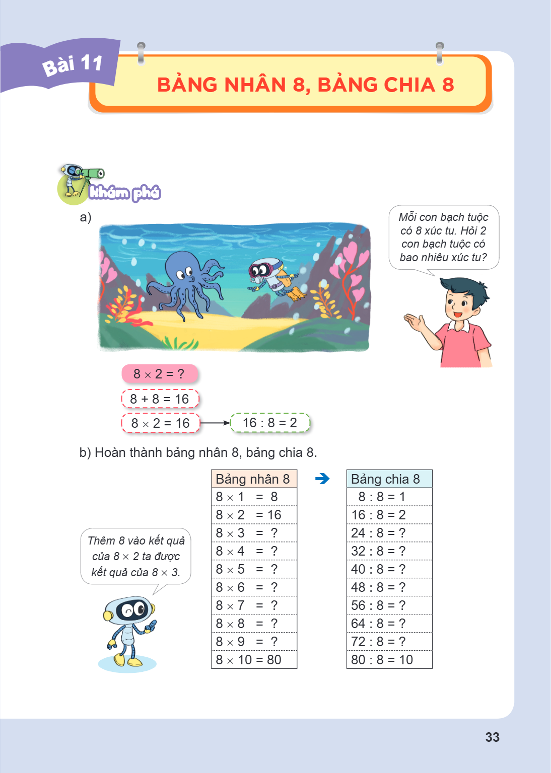 Bài 11. Bảng nhân 8, bảng chia 8 Khám phá a) Mỗi con bạch tuộc có 8 xúc tu. Hỏi 2 con bạch tuộc có bao nhiêu xúc tu? $8 \times 2 = ?$ $8 + 8 = 16$ $8 \times 2 =