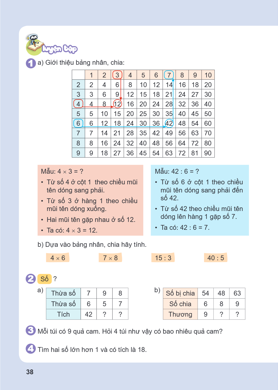 LUYỆN TẬP a) Giới thiệu bảng nhân, chia: 1, 2, 3, 4, 5, 6, 7, 8, 9, 10 2, 2, 4, 6, 8, 10, 12, 14, 16, 18, 20 3, 3, 6, 9, 12, 15, 18, 21, 24, 27, 30 4, 4, 8, 12,