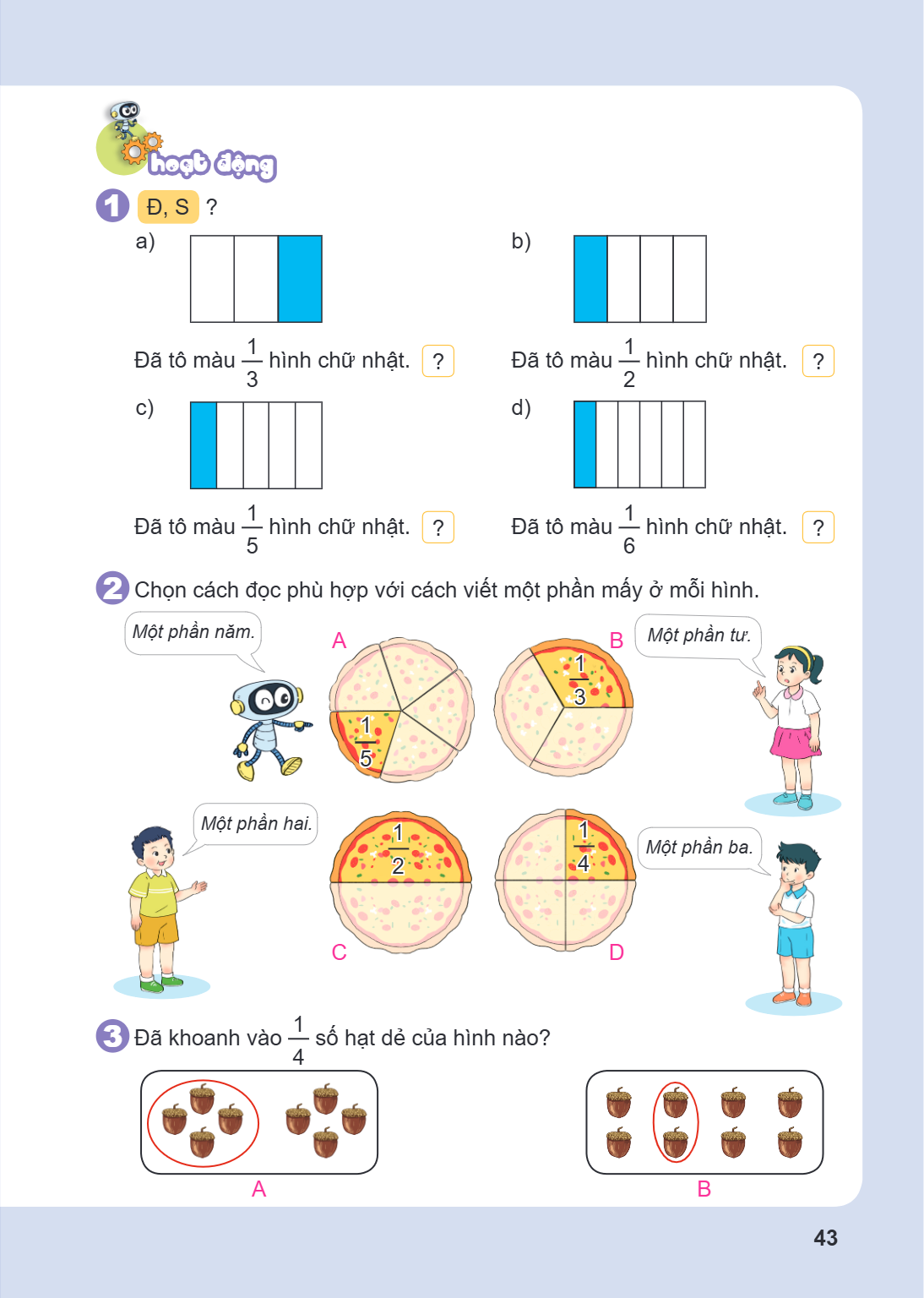 Hoạt động 1. Đ, S ? a) Đã tô màu $\frac{1}{3}$ hình chữ nhật. ? b) Đã tô màu $\frac{1}{2}$ hình chữ nhật. ? c) Đã tô màu $\frac{1}{5}$ hình chữ nhật. ? d) Đã tô