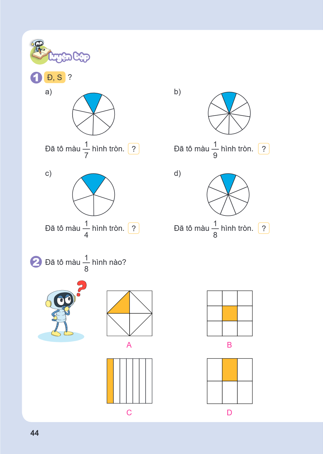 LUYỆN TẬP 1 Đ, S ? a) Đã tô màu $\frac{1}{7}$ hình tròn. ? b) Đã tô màu $\frac{1}{9}$ hình tròn. ? c) Đã tô màu $\frac{1}{4}$ hình tròn. ? d) Đã tô màu $\frac{1
