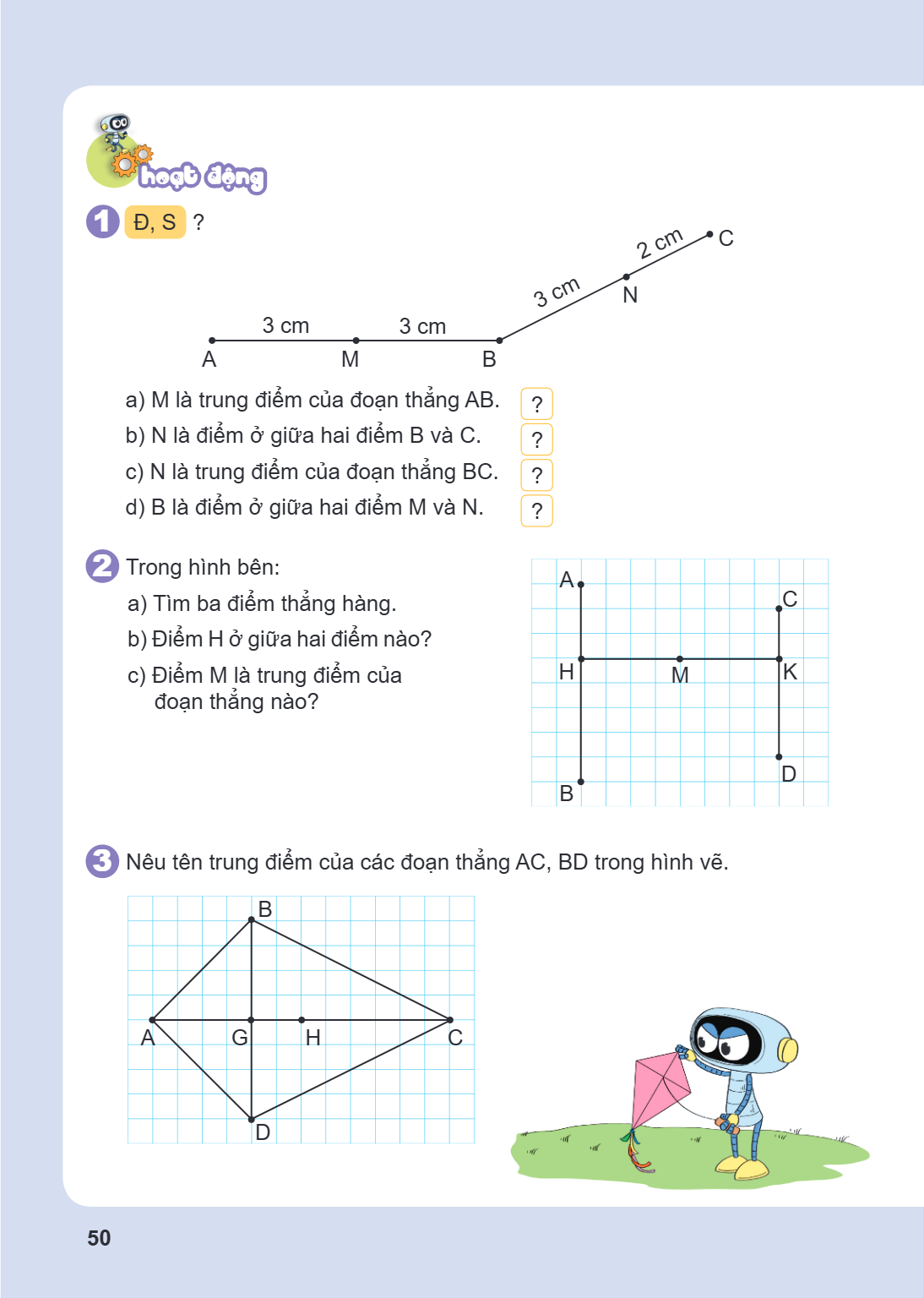 Hoạt động 1 Đ, S ? a) M là trung điểm của đoạn thẳng AB. b) N là điểm ở giữa hai điểm B và C. c) N là trung điểm của đoạn thẳng BC. d) B là điểm ở giữa hai điểm