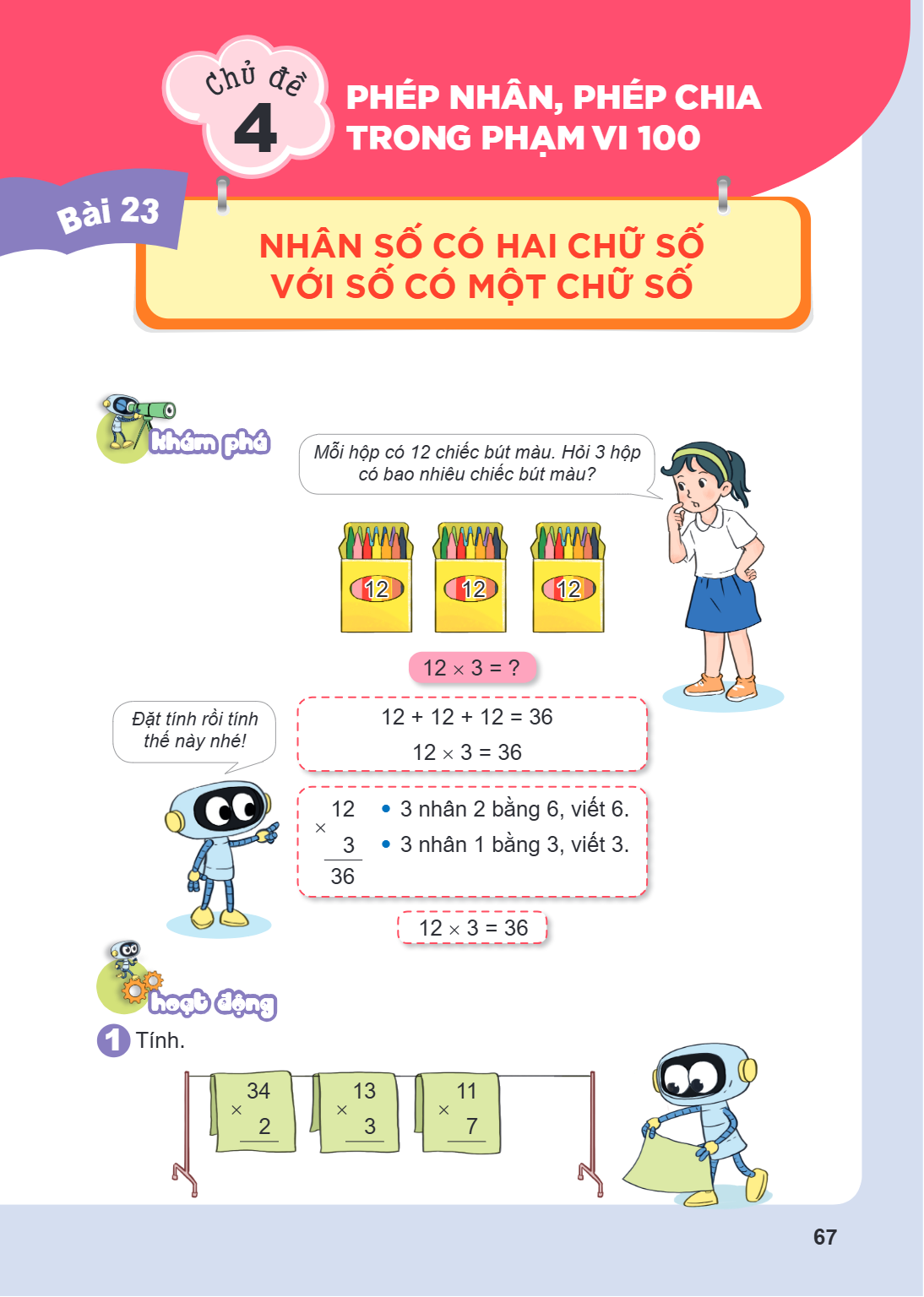 Chủ đề 4. PHÉP NHÂN, PHÉP CHIA TRONG PHẠM VI 100 Bài 23. Nhân số có hai chữ số với số có một chữ số Khám phá Mỗi hộp có 12 chiếc bút màu. Hỏi 3 hộp có bao nhiêu