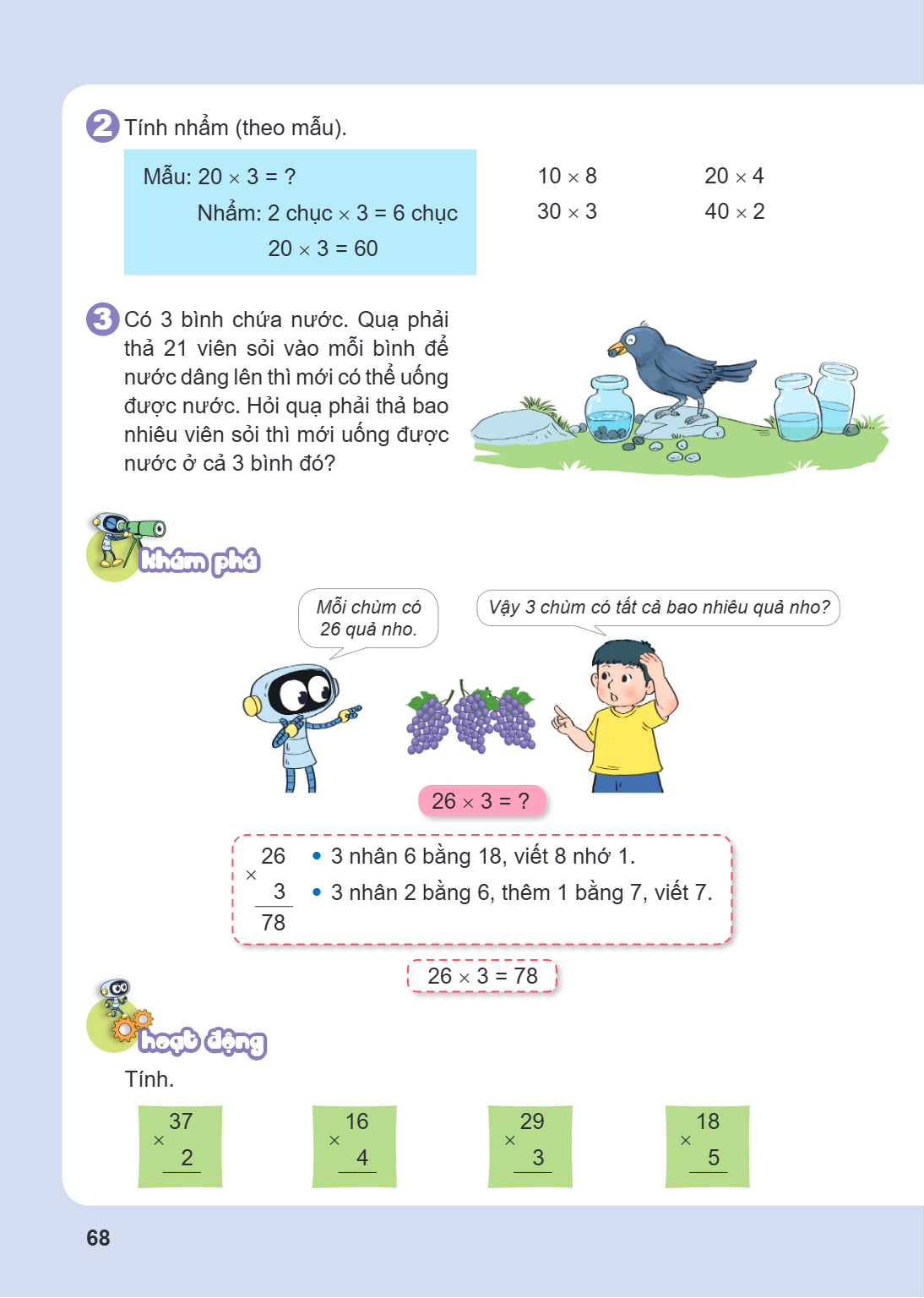 2. Tính nhẩm (theo mẫu). Mẫu: $20 \times 3 = ?$ Nhẩm: 2 chục $\times$ 3 = 6 chục $20 \times 3 = 60$ $10 \times 8$ $30 \times 3$ $20 \times 4$ $40 \times 2$ 3. C
