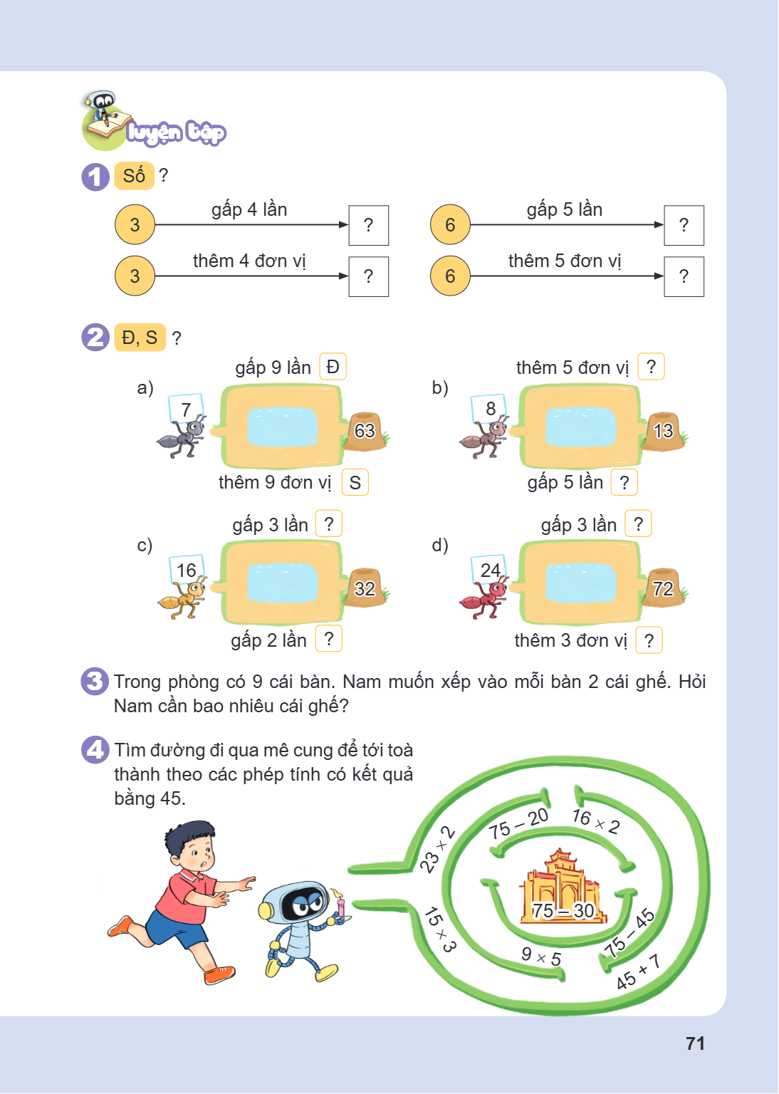 LUYỆN TẬP 1. Số ? 3 $\xrightarrow{\text{gấp 4 lần}}$ ? 3 $\xrightarrow{\text{thêm 4 đơn vị}}$ ? 6 $\xrightarrow{\text{gấp 5 lần}}$ ? 6 $\xrightarrow{\text{thêm 