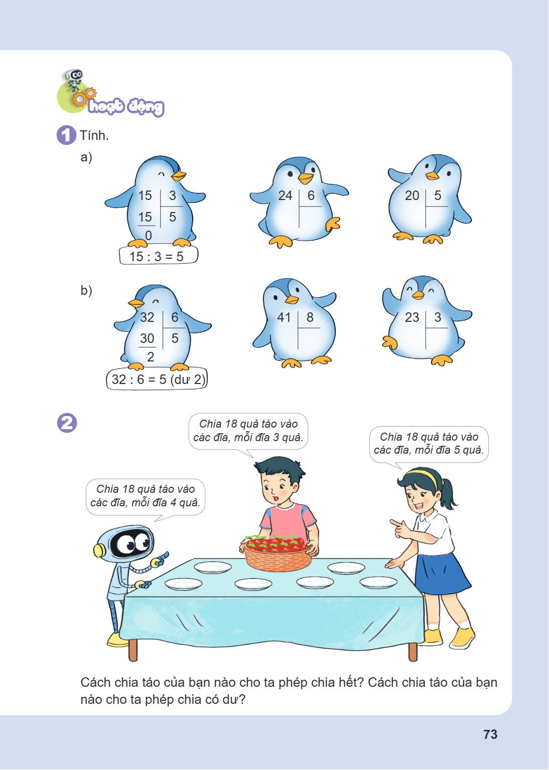 Hoạt động Tính. a) $15 : 3 = 5$ b) $32 : 6 = 5$ (dư $2$) Chia $18$ quả táo vào các đĩa, mỗi đĩa $4$ quả. Chia $18$ quả táo vào các đĩa, mỗi đĩa $3$ quả. Chia $1