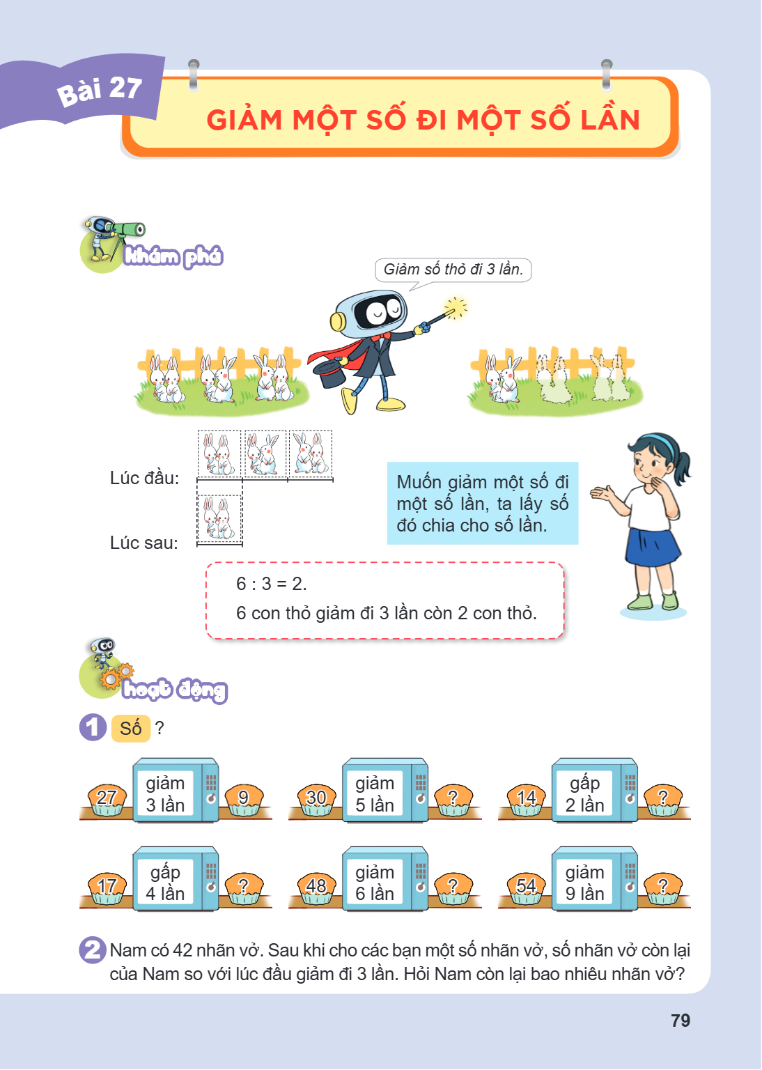 Bài 27. Giảm một số đi một số lần KHÁM PHÁ Giảm số thỏ đi 3 lần. Lúc đầu: Lúc sau: Muốn giảm một số đi một số lần, ta lấy số đó chia cho số lần. $6 : 3 = 2$. 6 