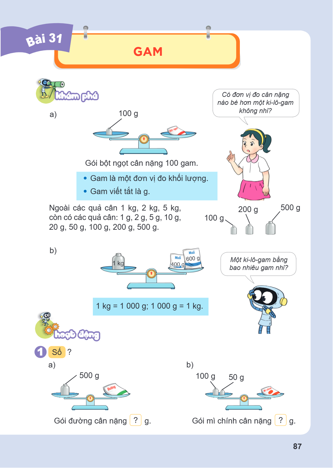 Bài 31. Gam Khám phá a) Gói bột ngọt cân nặng $100$ gam. Có đơn vị đo cân nặng nào bé hơn một ki-lô-gam không nhỉ? Gam là một đơn vị đo khối lượng. Gam viết tắt