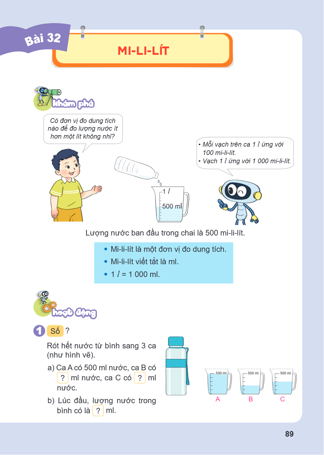 Bài 32. Mi-li-lít Khám phá Có đơn vị đo dung tích nào để đo lượng nước ít hơn một lít không nhỉ? • Mỗi vạch trên ca 1 l ứng với 100 mi-li-lít. • Vạch 1 l ứng vớ