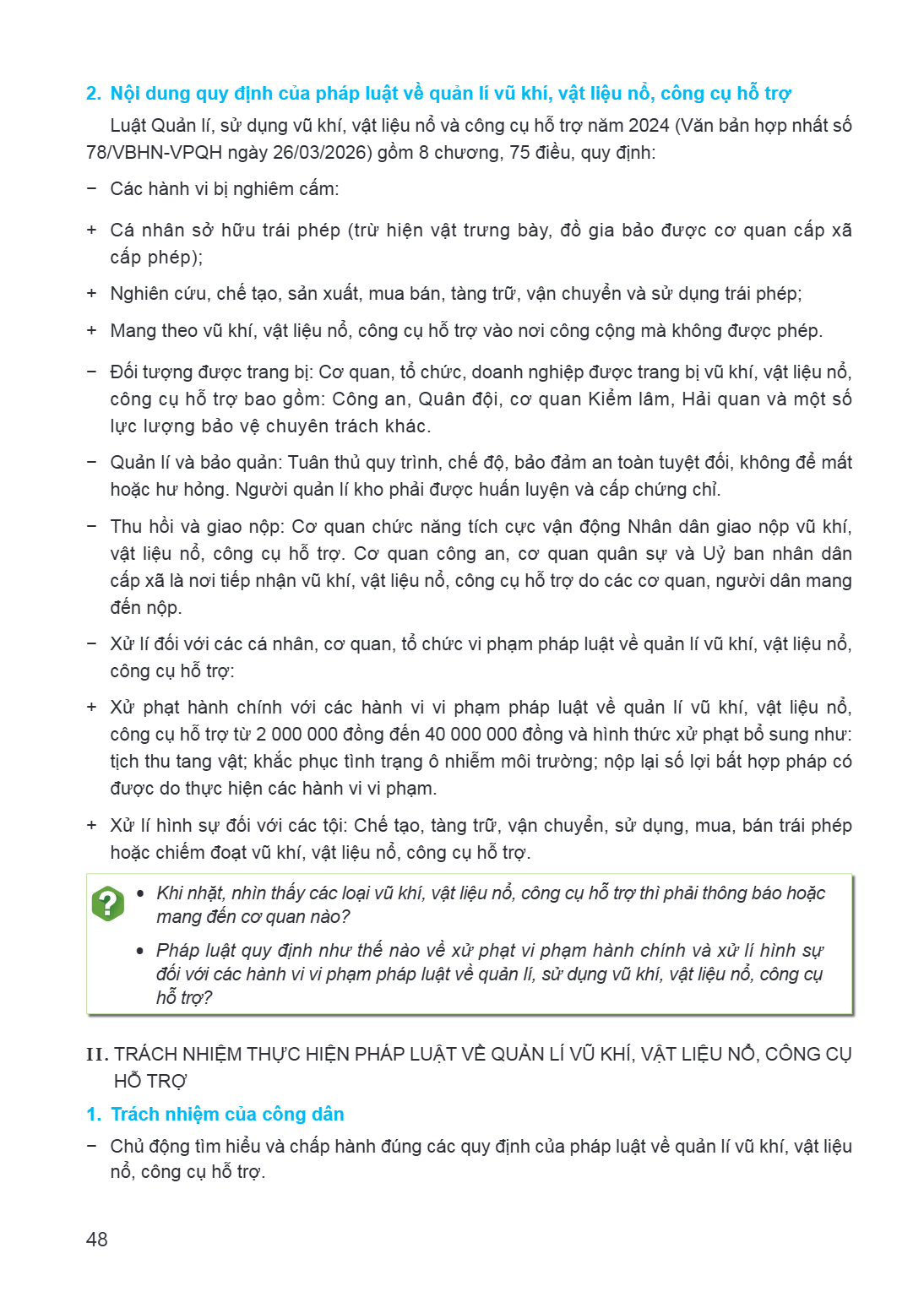 2. Nội dung quy định của pháp luật về quản lí vũ khí, vật liệu nổ, công cụ hỗ trợ Luật Quản lí, sử dụng vũ khí, vật liệu nổ và công cụ hỗ trợ năm 2024 (Văn bản 