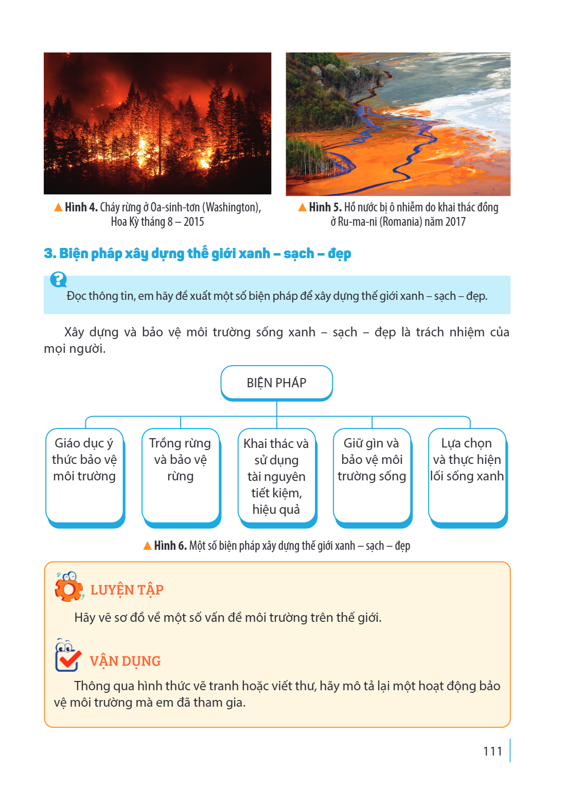Hình 4. Cháy rừng ở Oa-sinh-tơn (Washington), Hoa Kì tháng 8 – 2015 Hình 5. Hồ nước bị ô nhiễm do khai thác đồng ở Ru-ma-ni (Romania) năm 2017 3. Biện pháp xây 