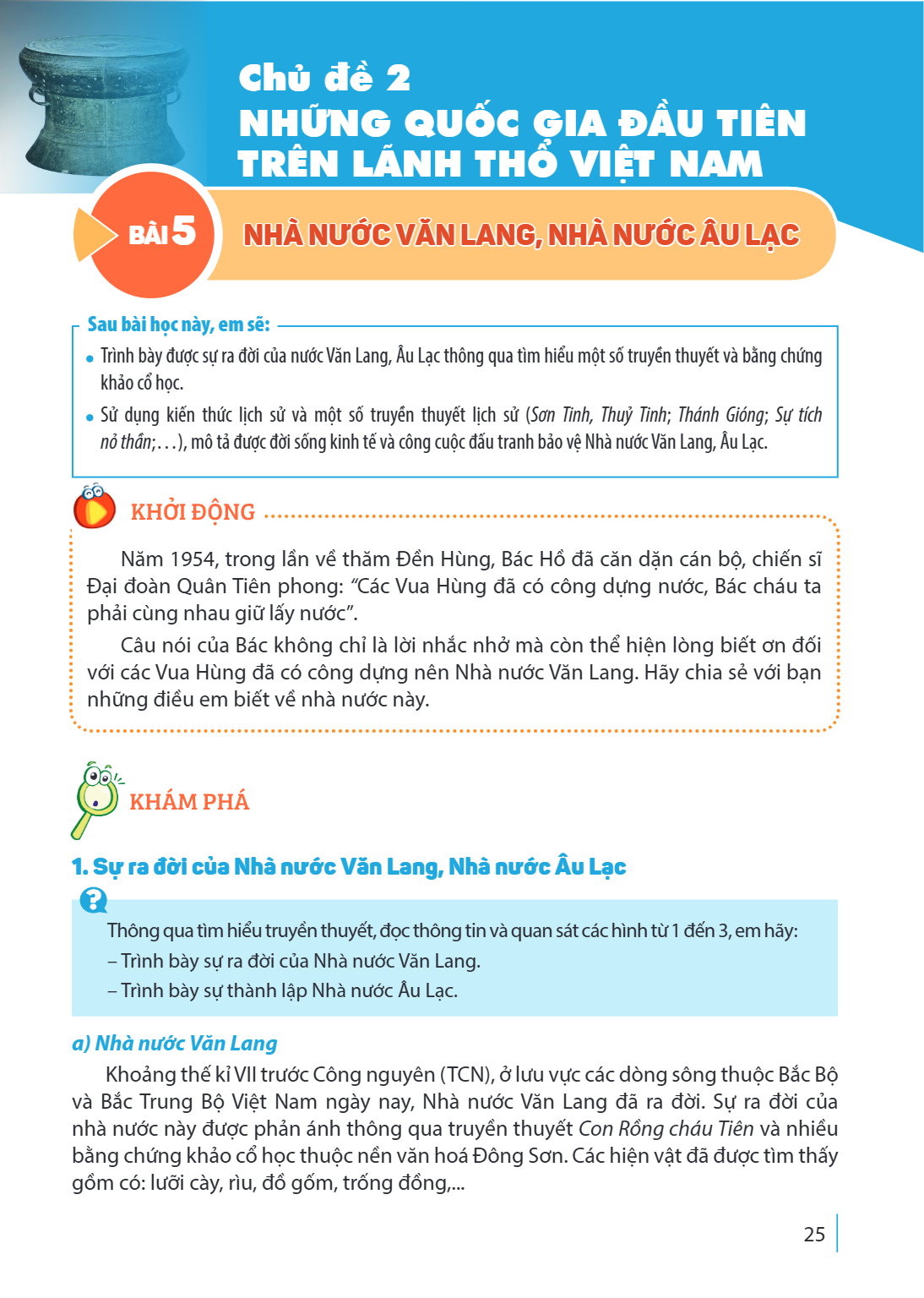 Chủ đề 2 NHỮNG QUỐC GIA ĐẦU TIÊN TRÊN LÃNH THỔ VIỆT NAM Bài 5. Nhà nước Văn Lang, Nhà nước Âu Lạc Sau bài học này, em sẽ: Trình bày được sự ra đời của nước Văn 