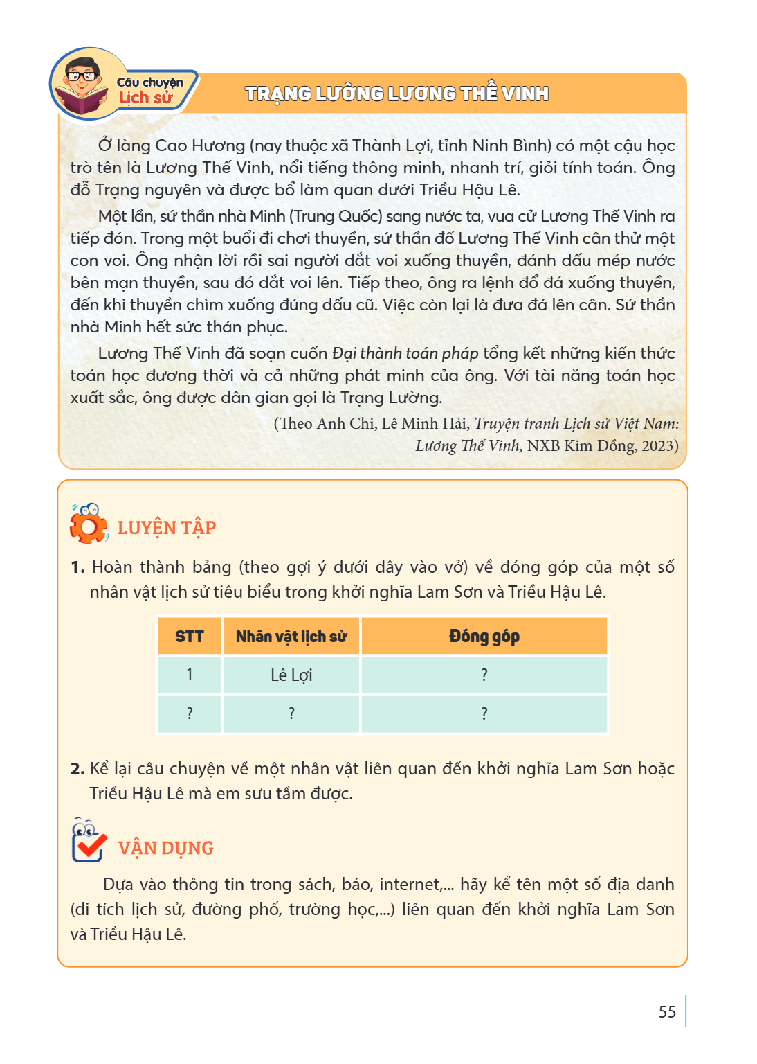 Câu chuyện Lịch sử TRẠNG LƯỜNG LƯƠNG THẾ VINH Ở làng Cao Hương (nay thuộc xã Thành Lợi, tỉnh Ninh Bình) có một cậu học trò tên là Lương Thế Vinh, nổi tiếng thôn
