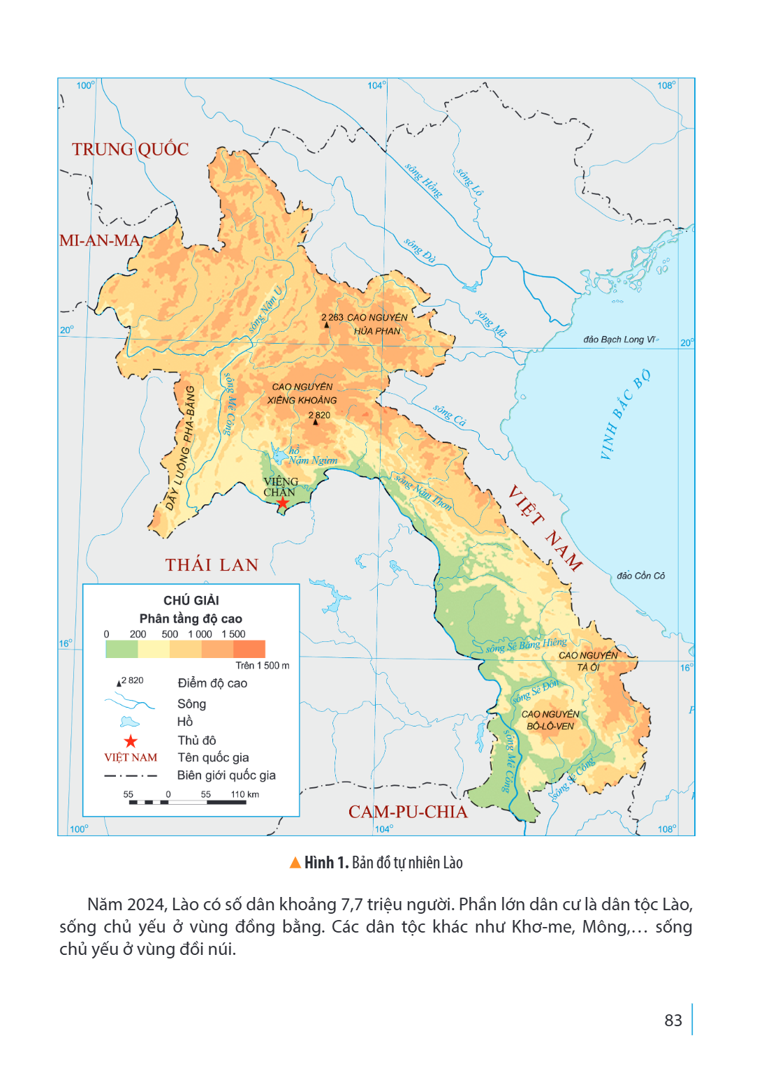 Hình 1. Bản đồ tự nhiên Lào Năm 2024, Lào có số dân khoảng 7,7 triệu người. Phần lớn dân cư là dân tộc Lào, sống chủ yếu ở vùng đồng bằng. Các dân tộc khác như 