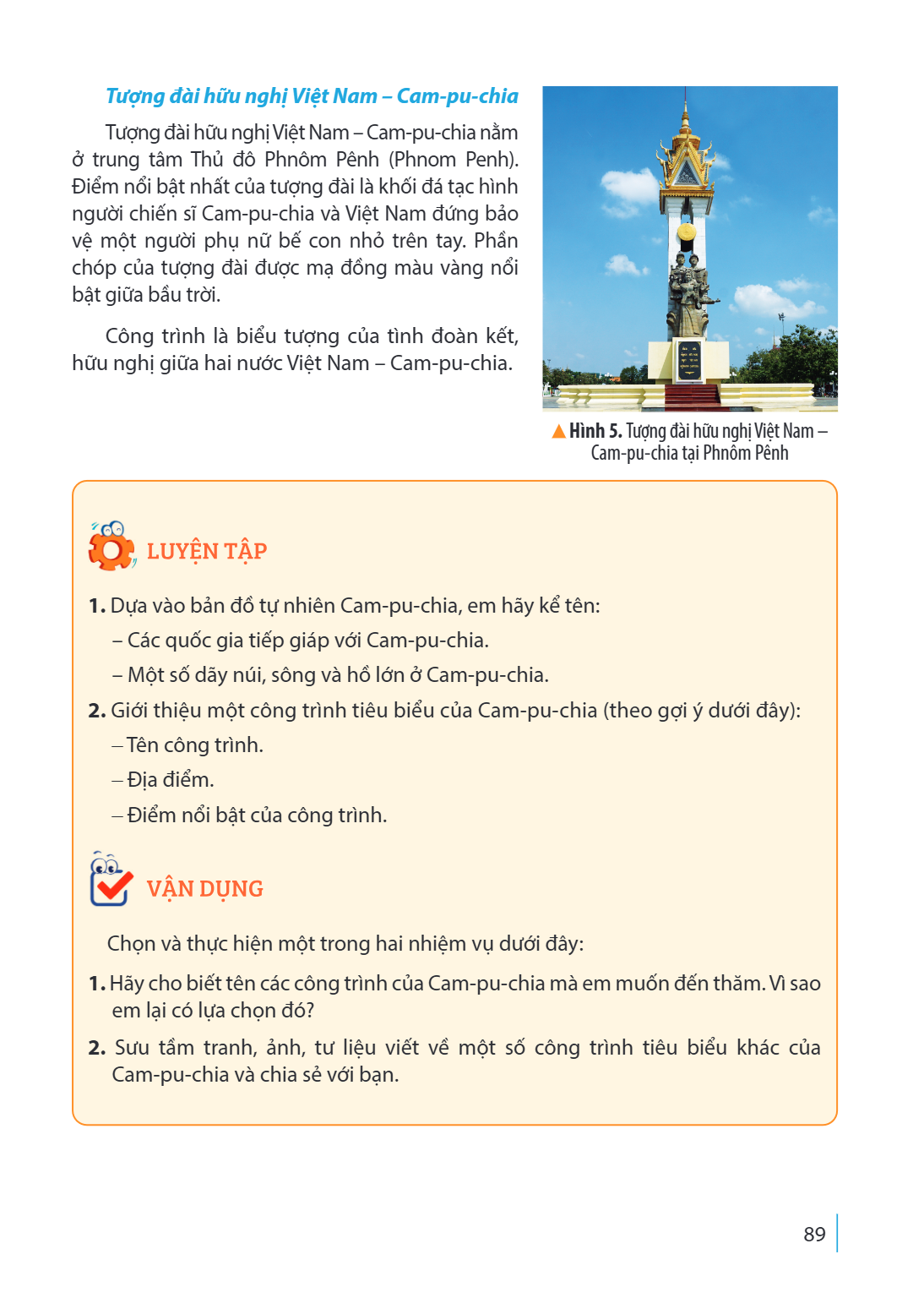 Tượng đài hữu nghị Việt Nam - Cam-pu-chia Tượng đài hữu nghị Việt Nam - Cam-pu-chia nằm ở trung tâm Thủ đô Phnôm Pênh (Phnom Penh). Điểm nổi bật nhất của tượng 