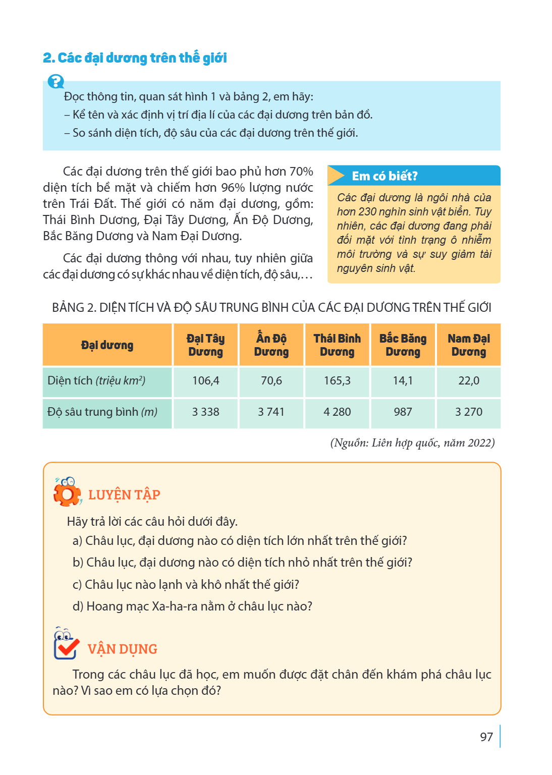 2. Các đại dương trên thế giới Đọc thông tin, quan sát hình 1 và bảng 2, em hãy: – Kể tên và xác định vị trí địa lí của các đại dương trên bản đồ. – So sánh diệ
