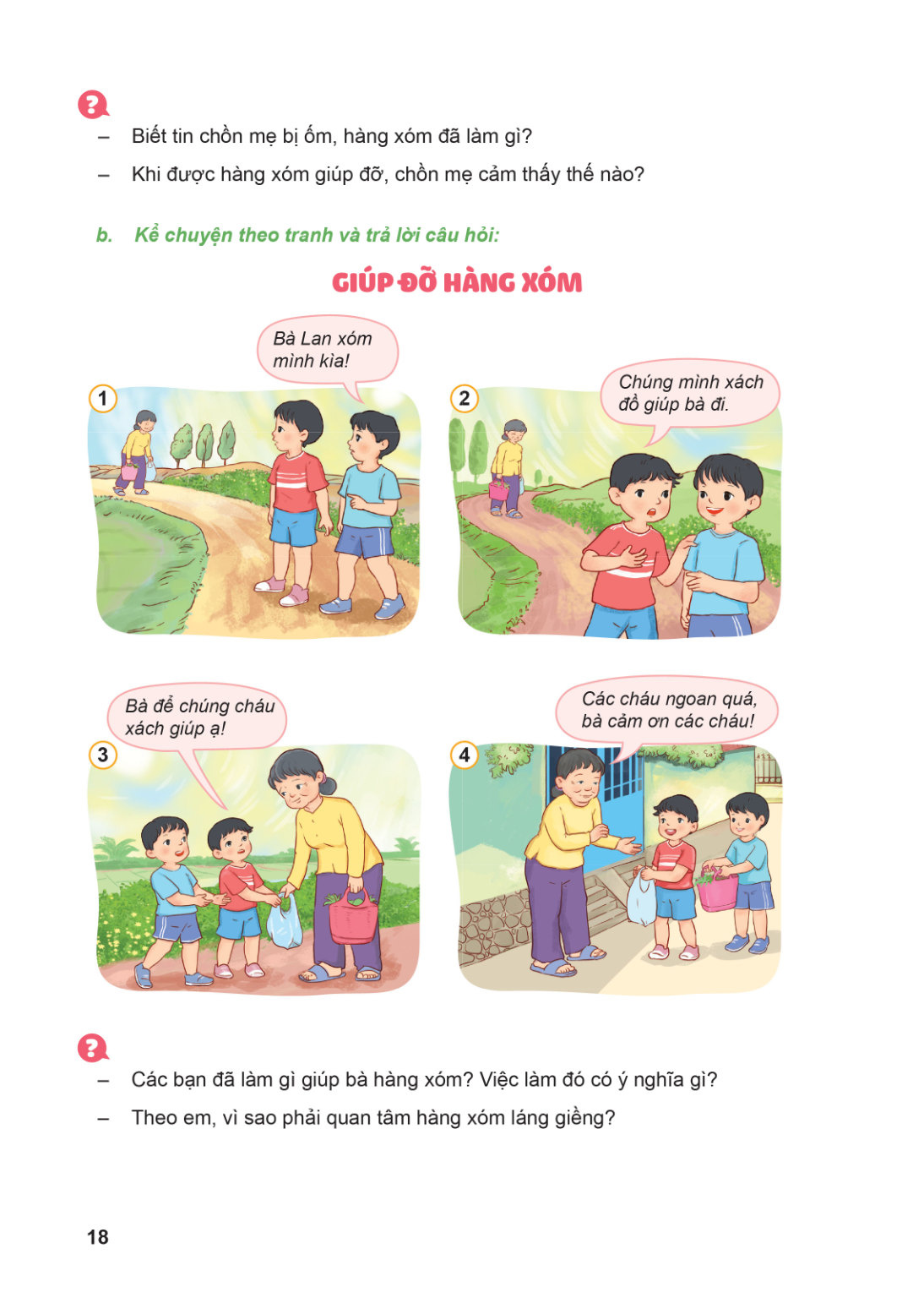 ? Biết tin chồn mẹ bị ốm, hàng xóm đã làm gì? - Khi được hàng xóm giúp đỡ, chồn mẹ cảm thấy thế nào? b. Kể chuyện theo tranh và trả lời câu hỏi: GIÚP ĐỠ HÀNG XÓ