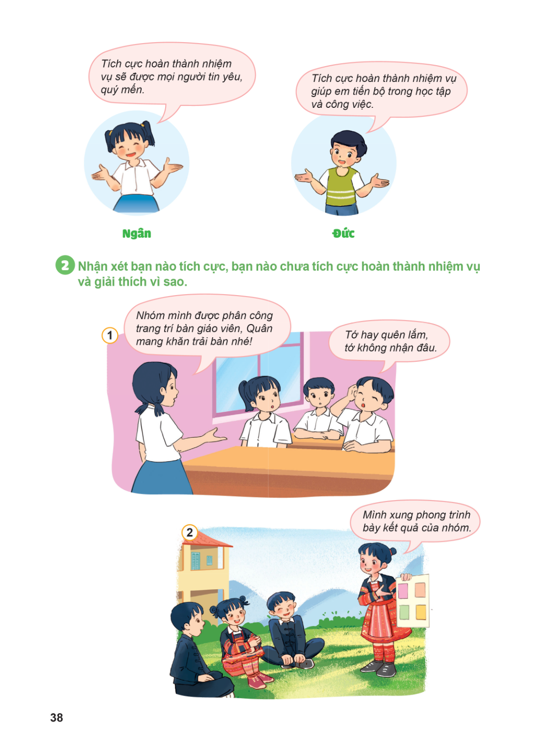 Tích cực hoàn thành nhiệm vụ sẽ được mọi người tin yêu, quý mến. Ngân Tích cực hoàn thành nhiệm vụ giúp em tiến bộ trong học tập và công việc. Đức 2 Nhận xét bạ