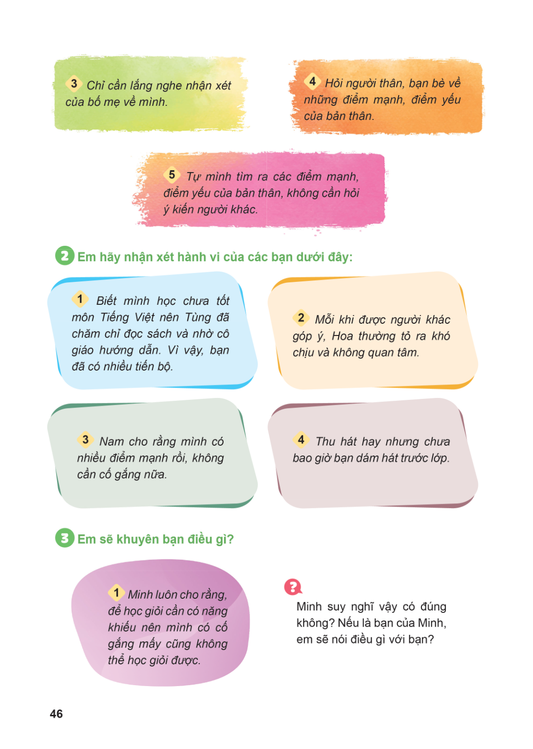 3 Chỉ cần lắng nghe nhận xét 4 Hỏi người thân, bạn bè về của bố mẹ về mình. những điểm mạnh, điểm yếu của bản thân. 5 Tự mình tìm ra các điểm mạnh, điểm yếu của