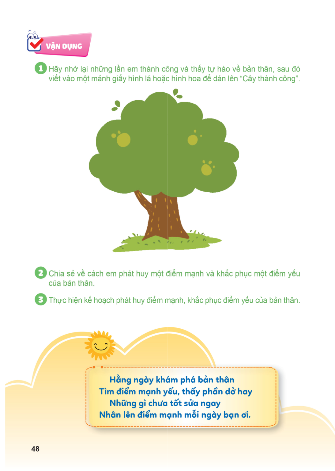 VẬN DỤNG 1 Hãy nhớ lại những lần em thành công và thấy tự hào về bản thân, sau đó viết vào một mảnh giấy hình lá hoặc hình hoa để dán lên "Cây thành công". 2 Ch