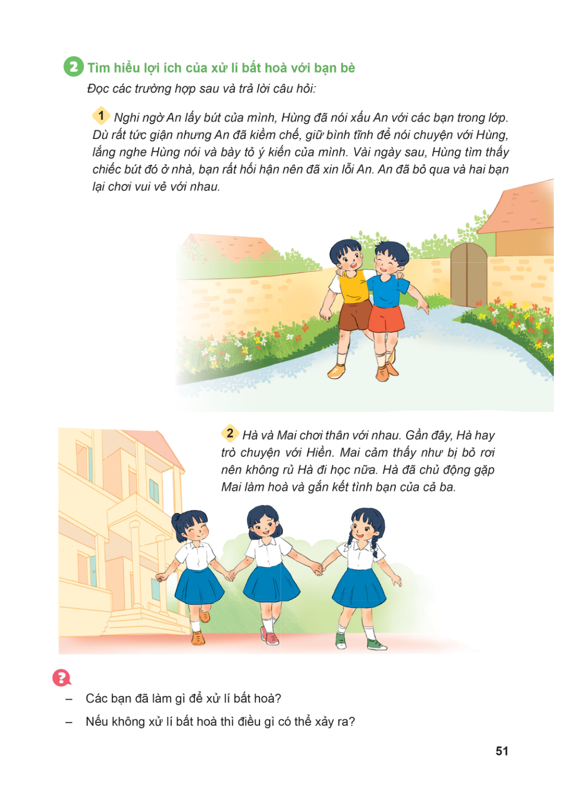 2 Tìm hiểu lợi ích của xử lí bất hoà với bạn bè Đọc các trường hợp sau và trả lời câu hỏi: 1 Nghi ngờ An lấy bút của mình, Hùng đã nói xấu An với các bạn trong 