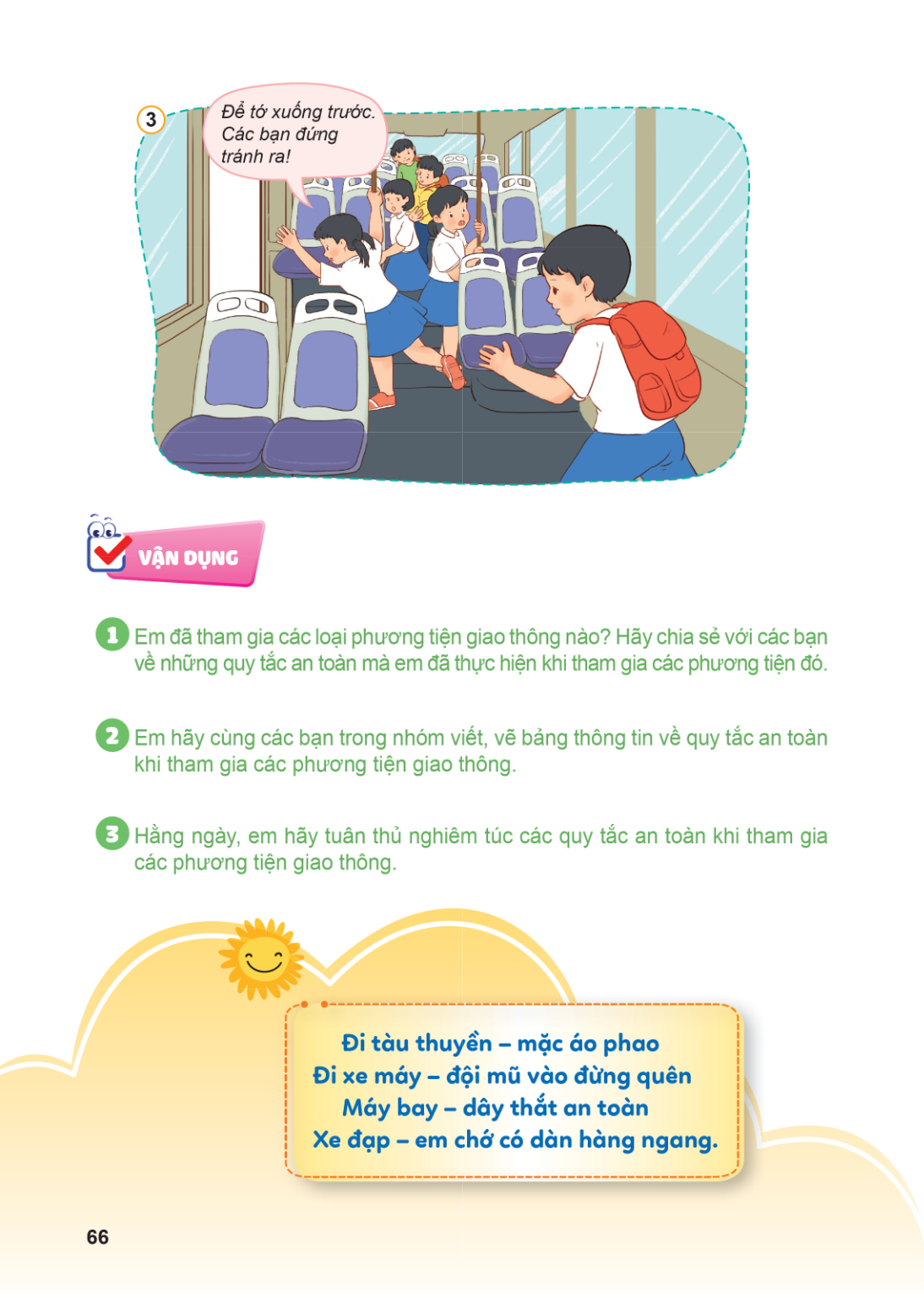 3 Để tớ xuống trước. Các bạn đứng tránh ra! VẬN DỤNG 1 Em đã tham gia các loại phương tiện giao thông nào? Hãy chia sẻ với các bạn về những quy tắc an toàn mà e