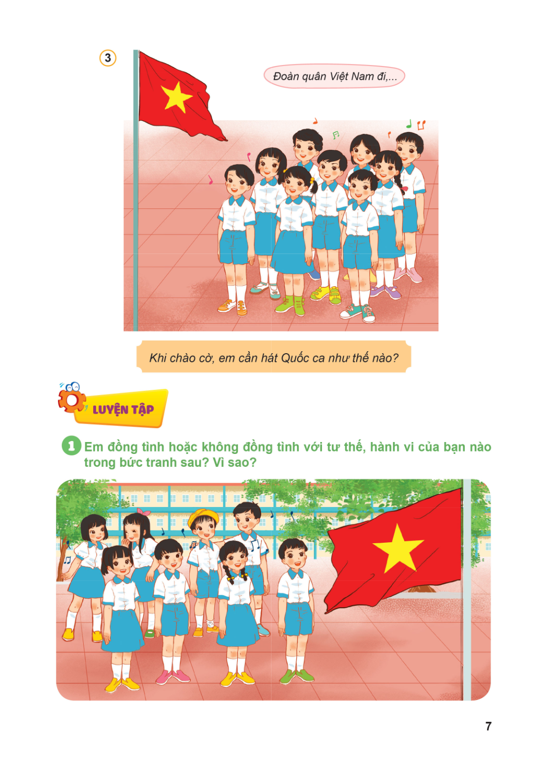 Đoàn quân Việt Nam đi,... Khi chào cờ, em cần hát Quốc ca như thế nào? LUYỆN TẬP 1 Em đồng tình hoặc không đồng tình với tư thế, hành vi của bạn nào trong bức t