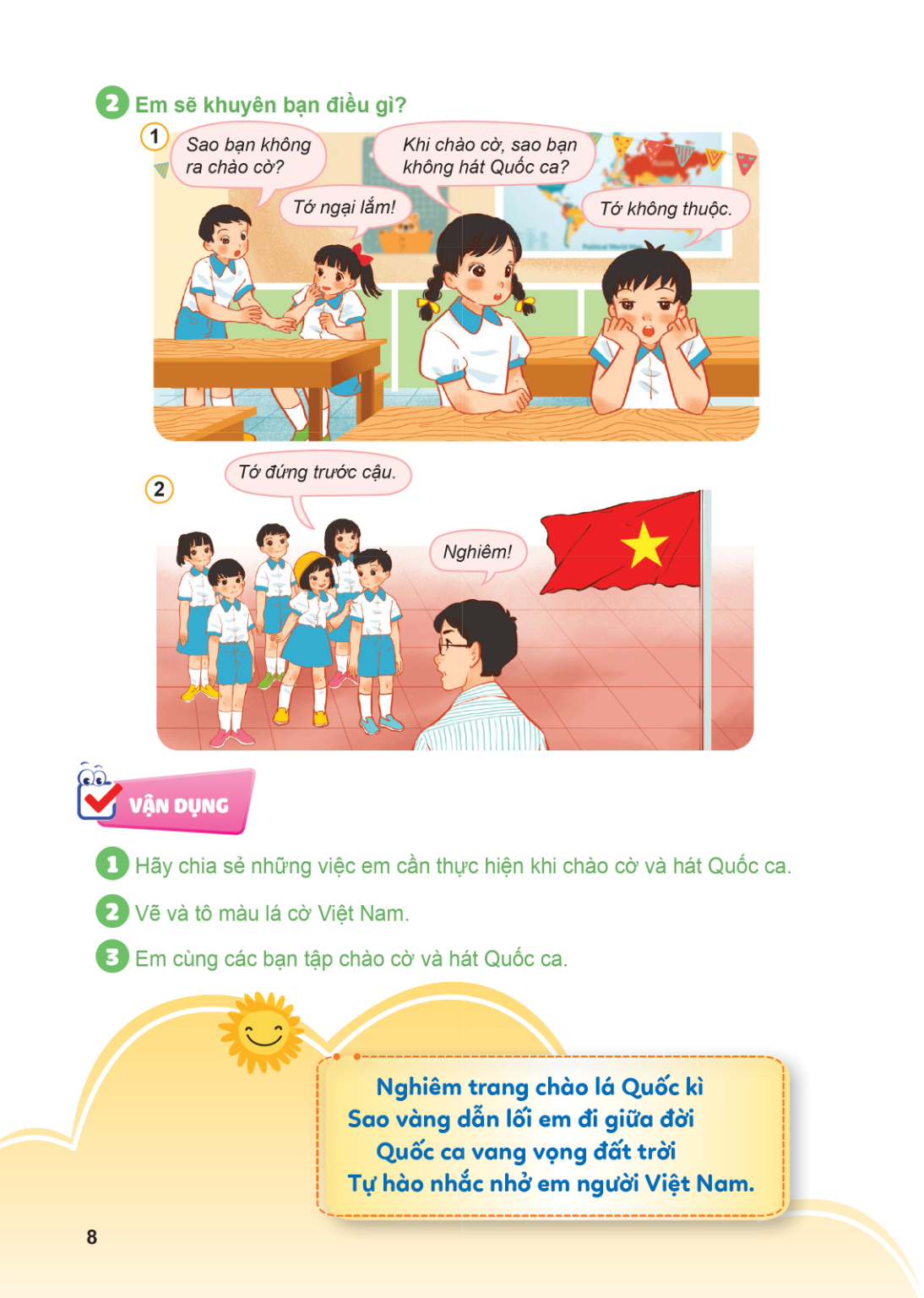 2 Em sẽ khuyên bạn điều gì? 1 Sao bạn không Khi chào cờ, sao bạn ra chào cờ? không hát Quốc ca? Tớ ngại lắm! Tớ không thuộc. Tớ đứng trước cậu. 2 Nghiêm! VẬN DỤ