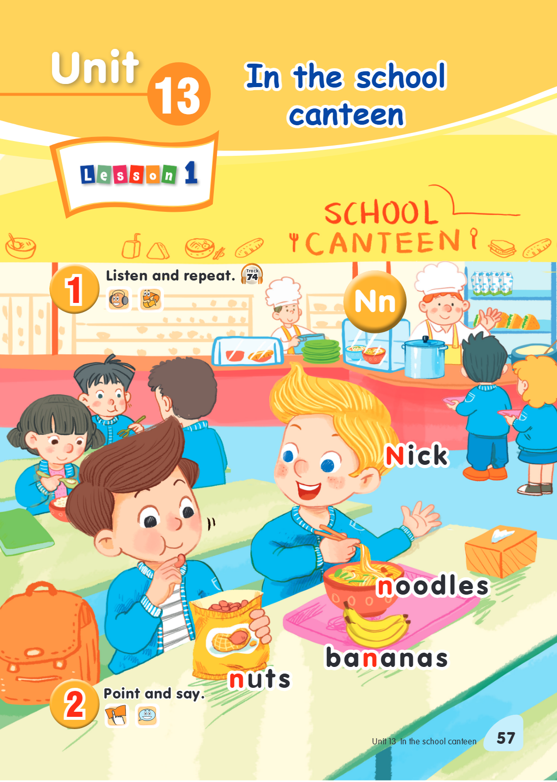 Unit 13. In the school canteen Lesson 1 SCHOOL CANTEEN 1. Listen and repeat. Track 74 Nn Nick noodles bananas nuts 2. Point and say.