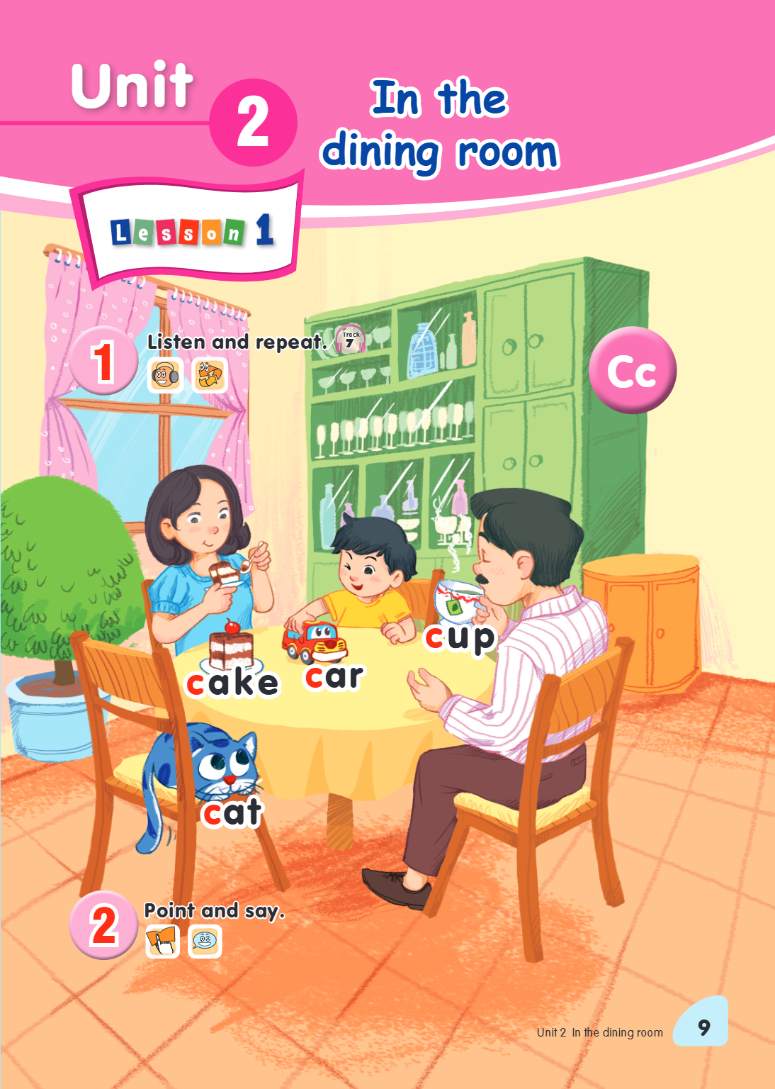 Unit 2. In the dining room Lesson 1 1. Listen and repeat. Track 7 Cc cake car cup cat 2. Point and say.