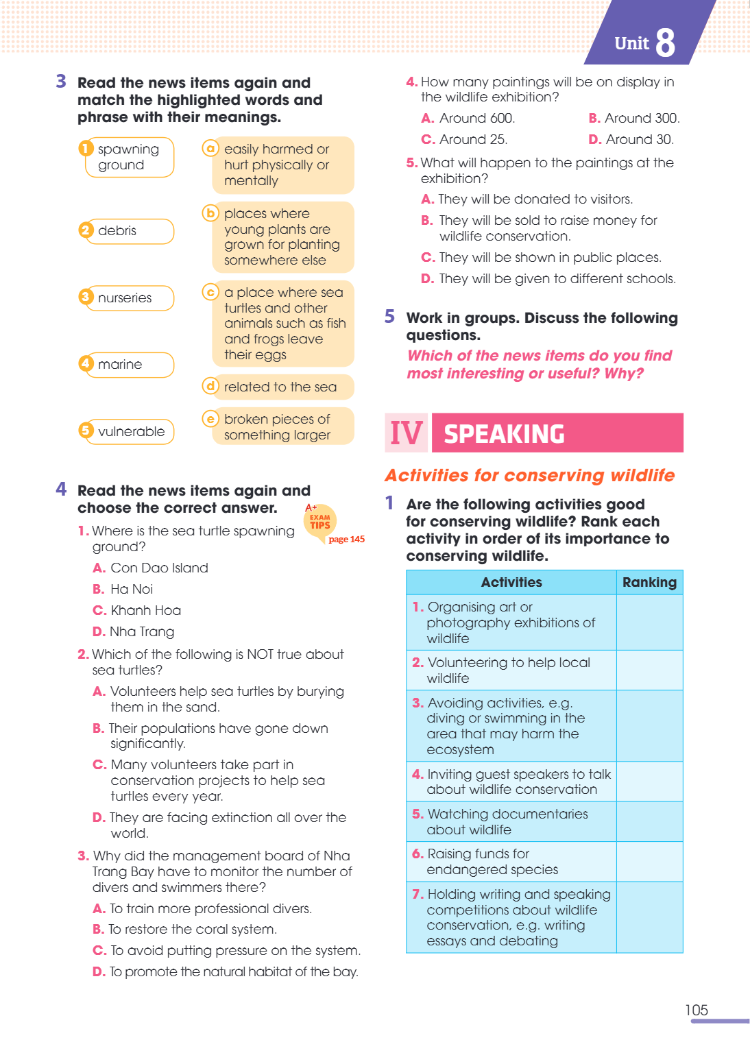 IV speaking Activities for conserving wildlife for conserving wildlife? Rank each activity in order of its importance to page 145 conserving wildlife. Activitie