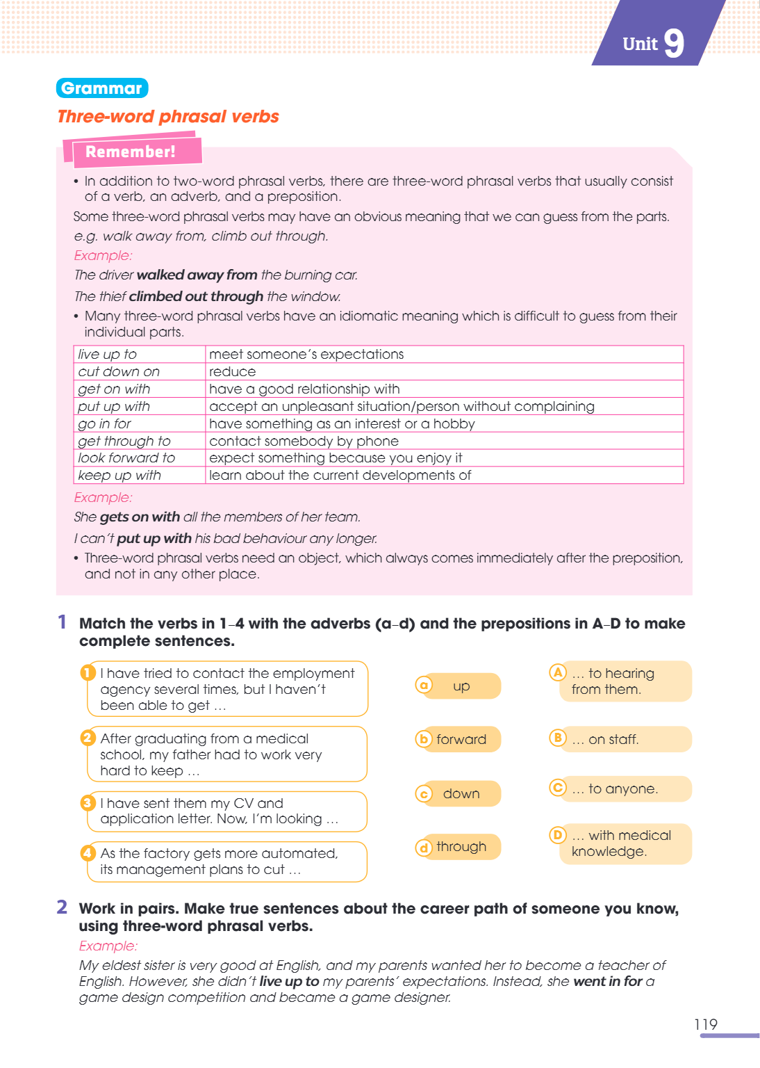 Unit 9 Grammar Three-word phrasal verbs Remember! In addition to two-word phrasal verbs, there are three-word phrasal verbs that usually consist of a verb, an a