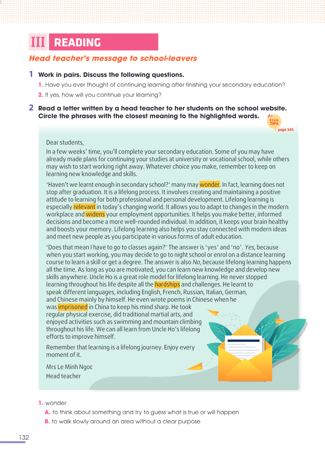 III reading Head teacher's message to school-leavers 1 Work in pairs. Discuss the following questions. Have you ever thought of continuing learning after finish
